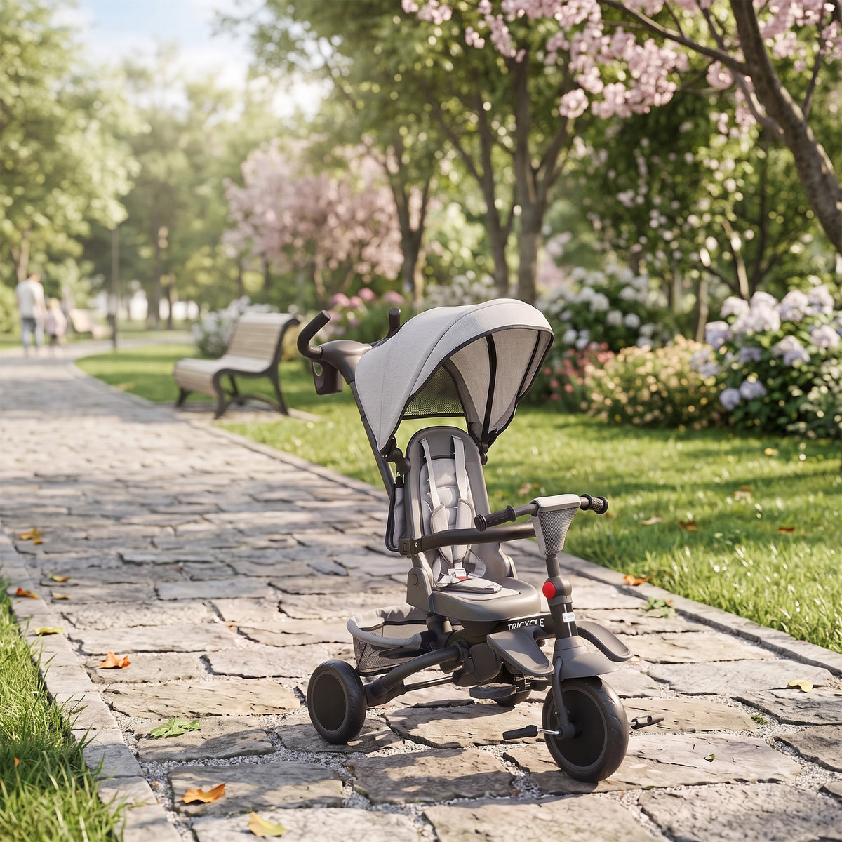 Tricycle bébé évolutif 6 en 1, tricycle enfant pliable avec poignée parentale réglable, siège pivotant 360°, gris-1