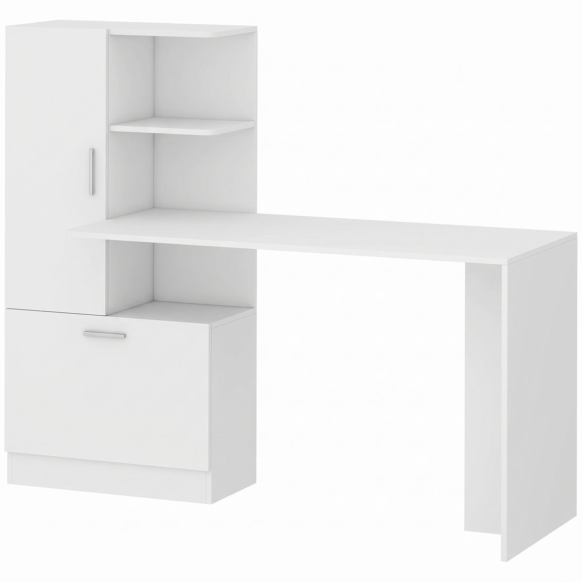 Bureau d'Ordinateur avec Bibliothèque, Bureau Informatique, Placard et Étagères Ouvertes, 150x55x122cm, Blanc-0