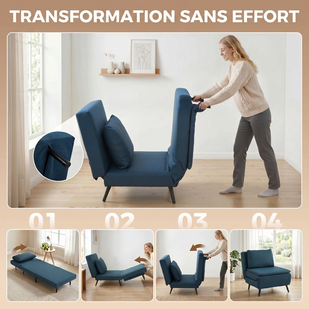 Fauteuil Convertible 1 Place, Fauteuil-Lit Clic-Clac 3 en 1 avec Dossier Réglable, Oreiller, Assise Large, Bleu-3