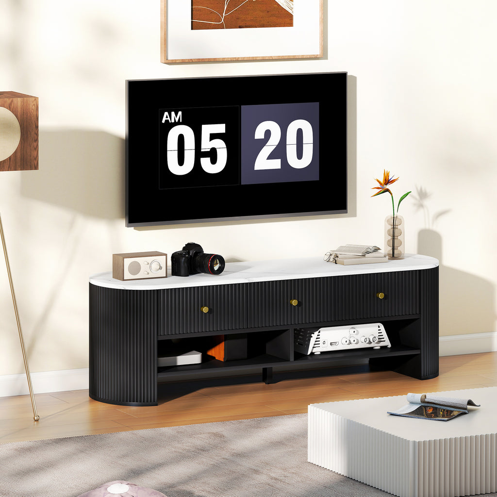 Meuble TV 140 cm, meuble télé pour téléviseur 65 pouces effet marbre avec 3 tiroirs façades à cannelures 2 étagères noir-1