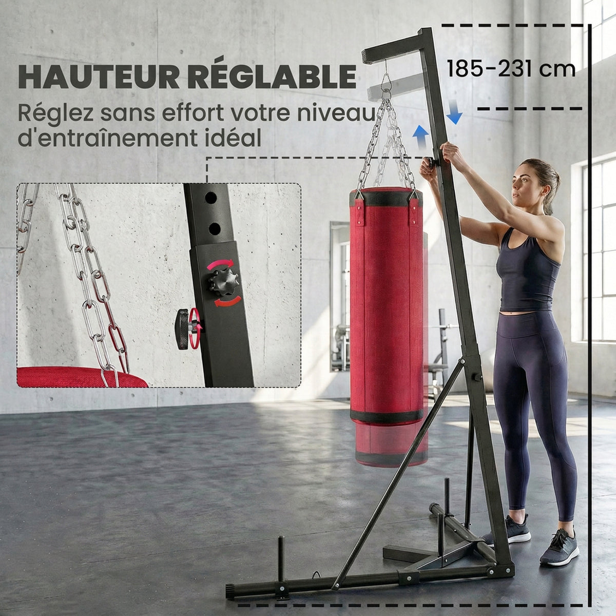 Support Sac de Frappe Autoportant avec Sac de Frappe et Base Lesté Réglable en Hauteur 175x91x231cm Rouge-3