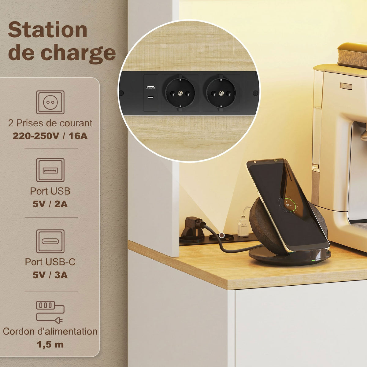 Buffet haut cuisine avec LED et station de charge, armoire de cuisine avec 4 portes, tiroir et plan de travail, blanc-4