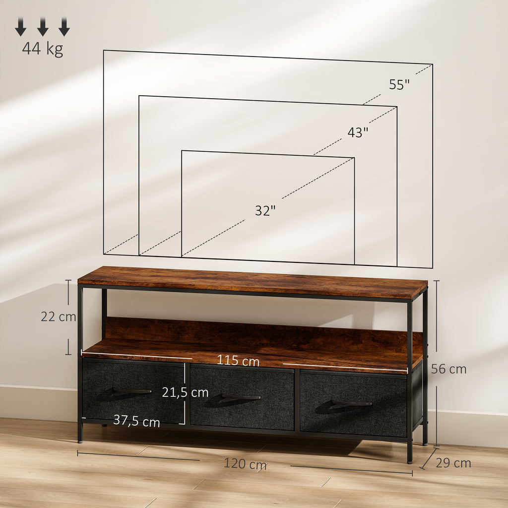 Meuble TV, meuble télé pour téléviseur jusqu'à 55 pouces avec 3 tiroirs et pieds en acier 120 x 29 x 56 cm brun rustique-2