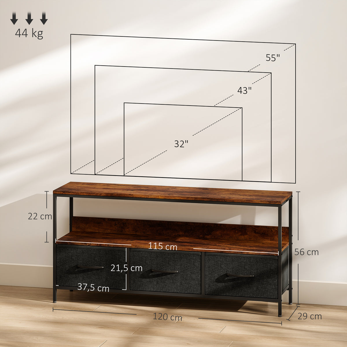 Meuble TV, meuble télé pour téléviseur jusqu'à 55 pouces avec 3 tiroirs et pieds en acier 120 x 29 x 56 cm brun rustique-2