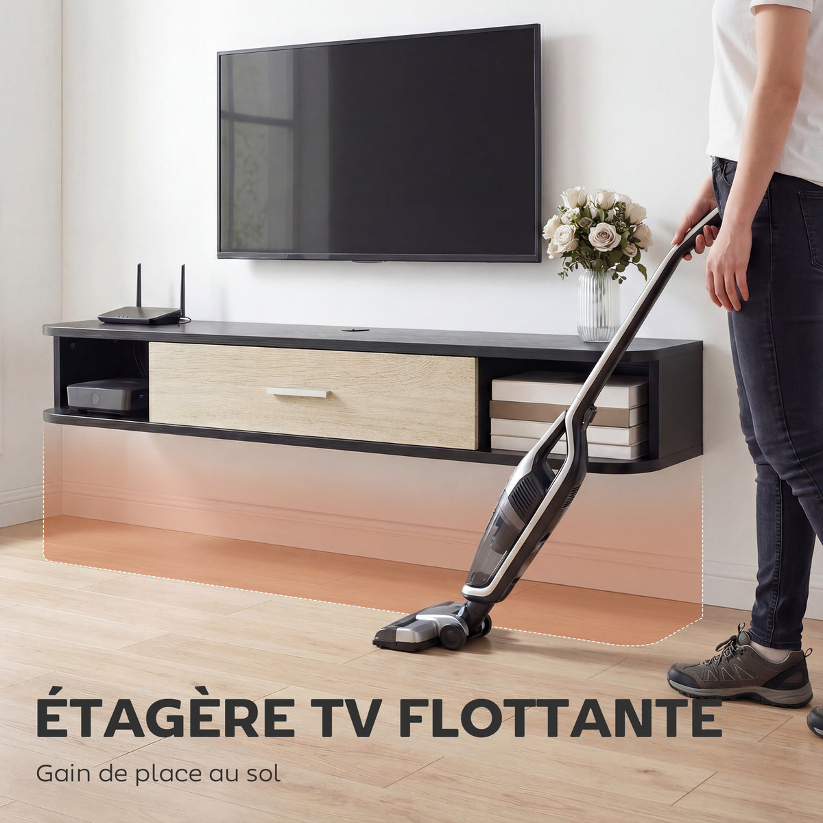 Meuble TV Suspendu 120 cm, Meuble télé jusqu'à 50 Pouces, Porte Rabattable, 2 Étagères Ouvertes et Passe-câbles, Noir-3