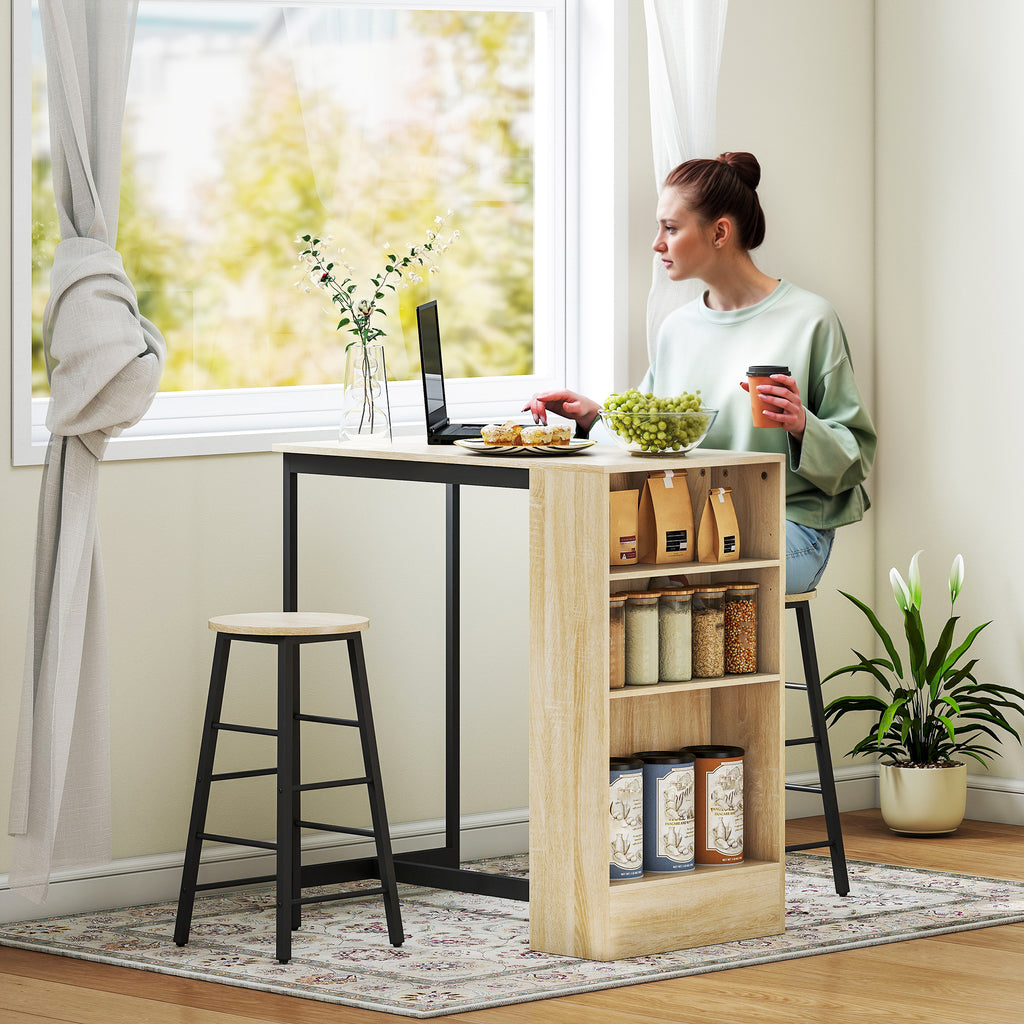 Ensemble table de bar avec tabourets, compartiments ouverts, étagère réglable et repose-pieds, chêne et noir-8
