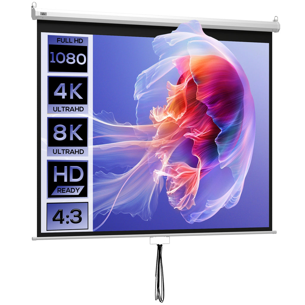 Écran de Projection 100" 4:3 HD 4K, Boîtier en Métal, Écran Hauteur Réglable Manuellement, 203x152cm, Blanc-0