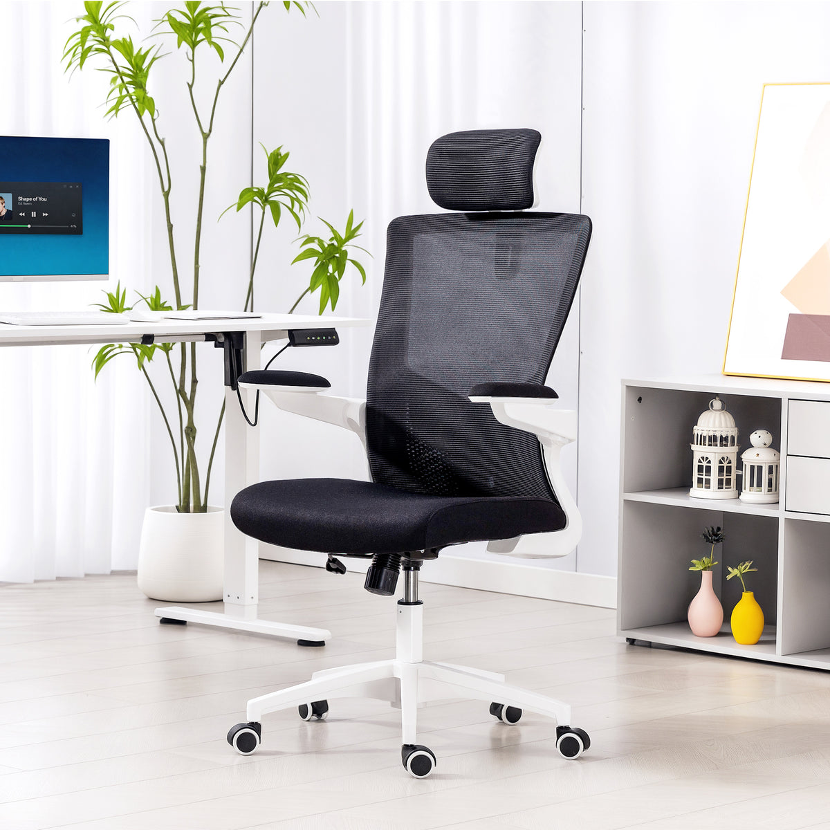 Chaise bureau ergonomique, fauteuil de bureau, accoudoirs relevables, soutien lombaire, appui-tête, 60x63x120cm, noir-1