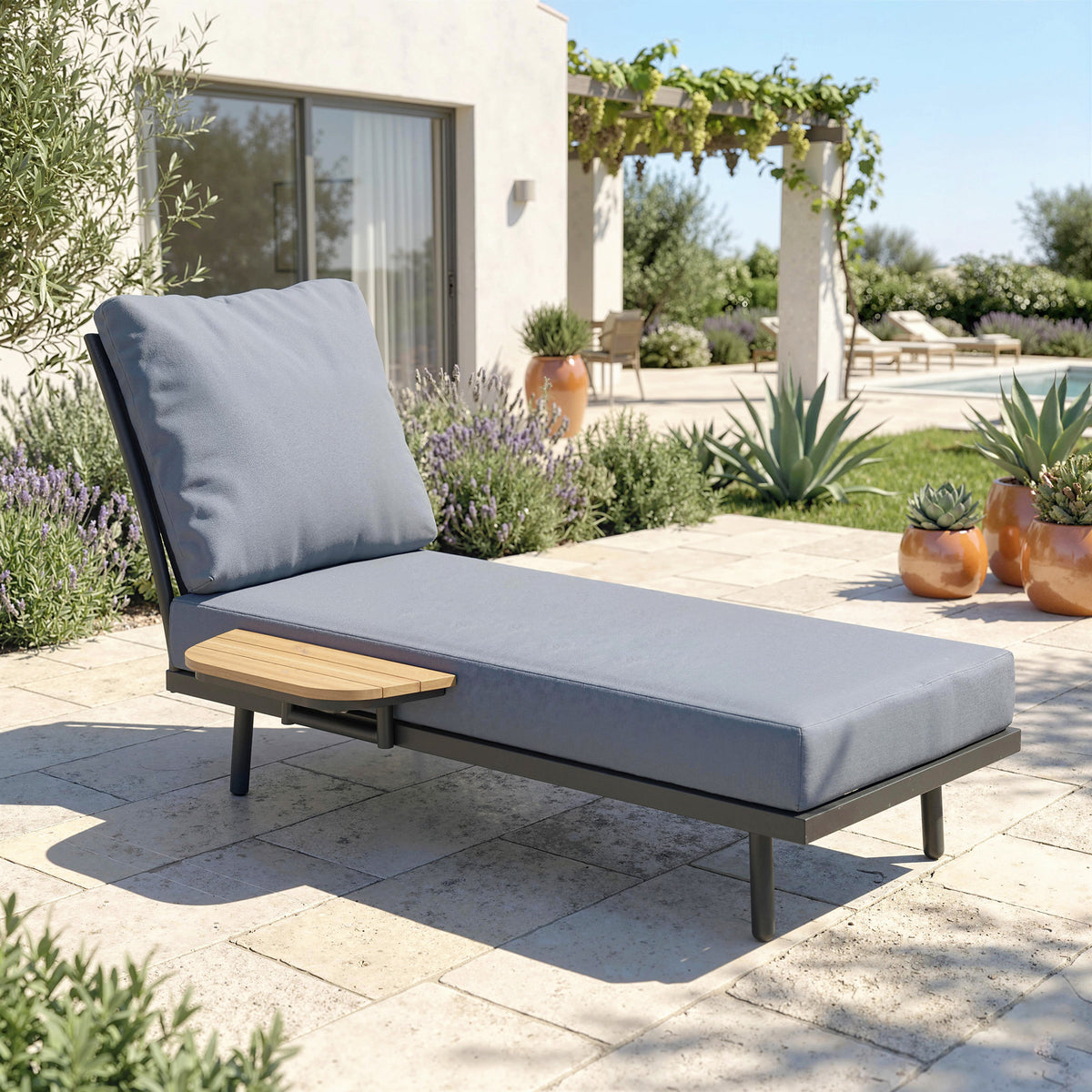 Chaise Longue de Jardin avec Coussins Lavables en Oléfine et Étagère Latérale, Cadre en Métal, 58x137x75cm, Gris-1