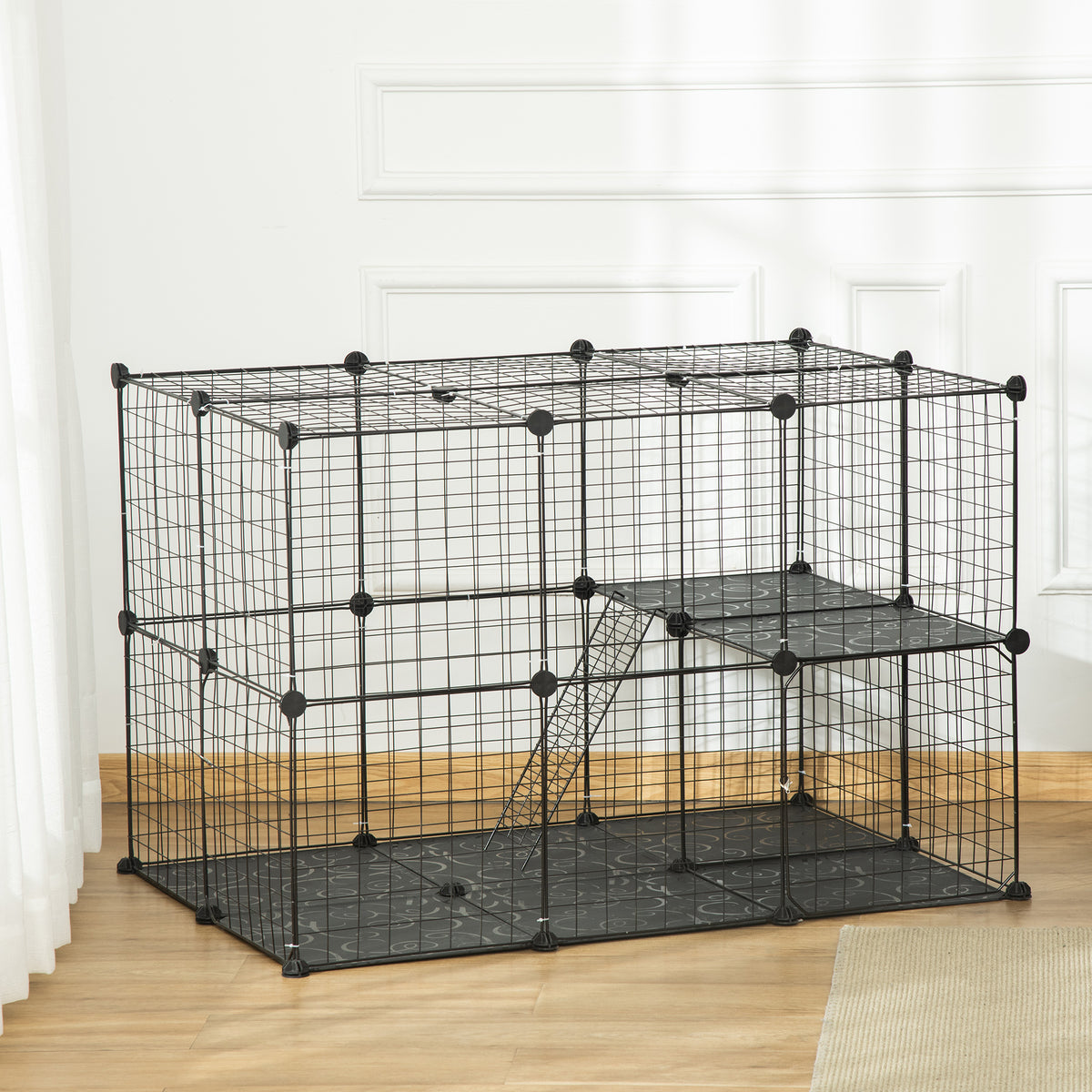 Enclos pour petits animaux, cage à lapin modulable 3 niveaux, 39 panneaux avec  rampes, en métal, 70 x 70 x 105 cm, noir-1