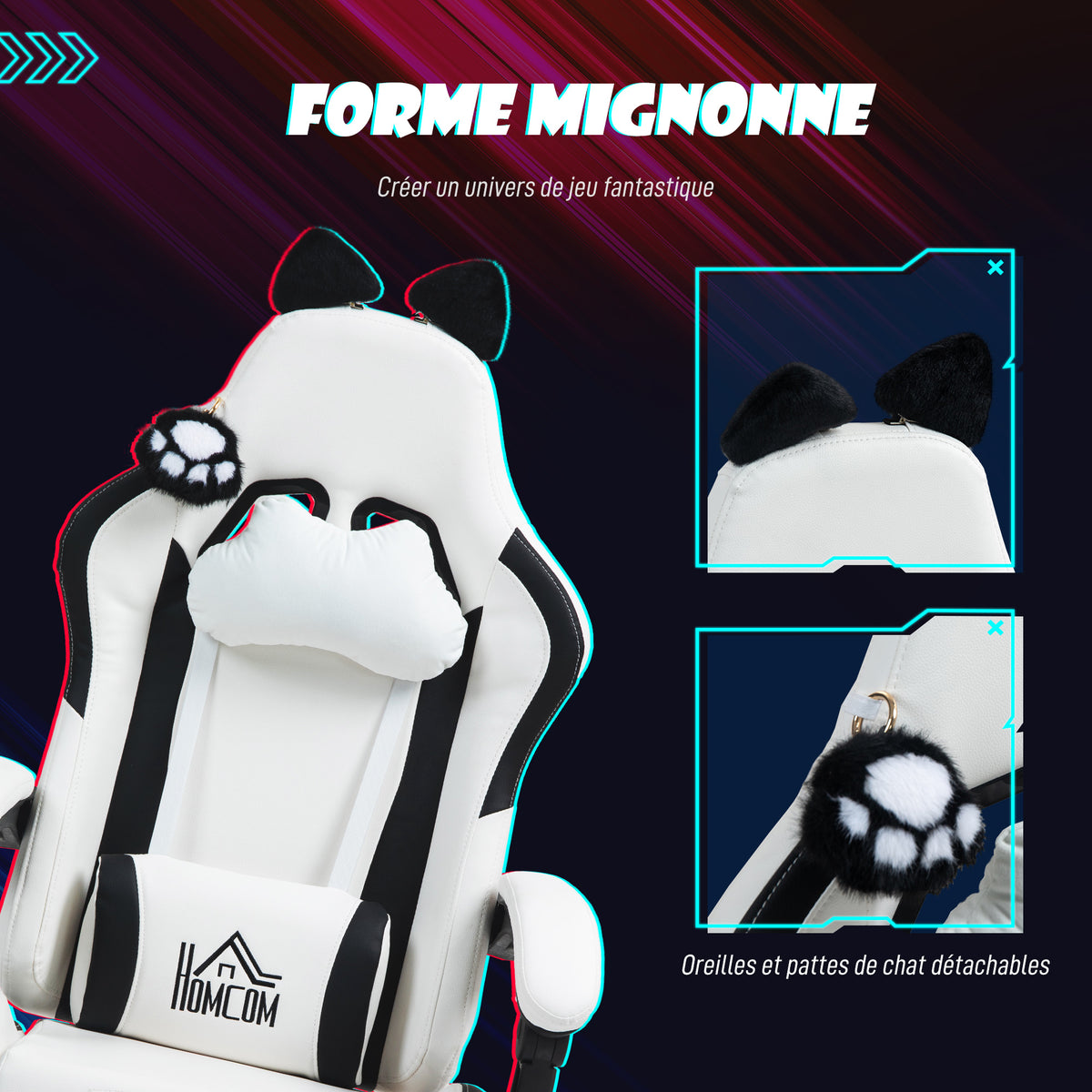Chaise gaming ergonomique avec Oreilles de Chat, fauteuil gamer avec dossier inclinable, 65 x 62 x 124 cm, blanc-3