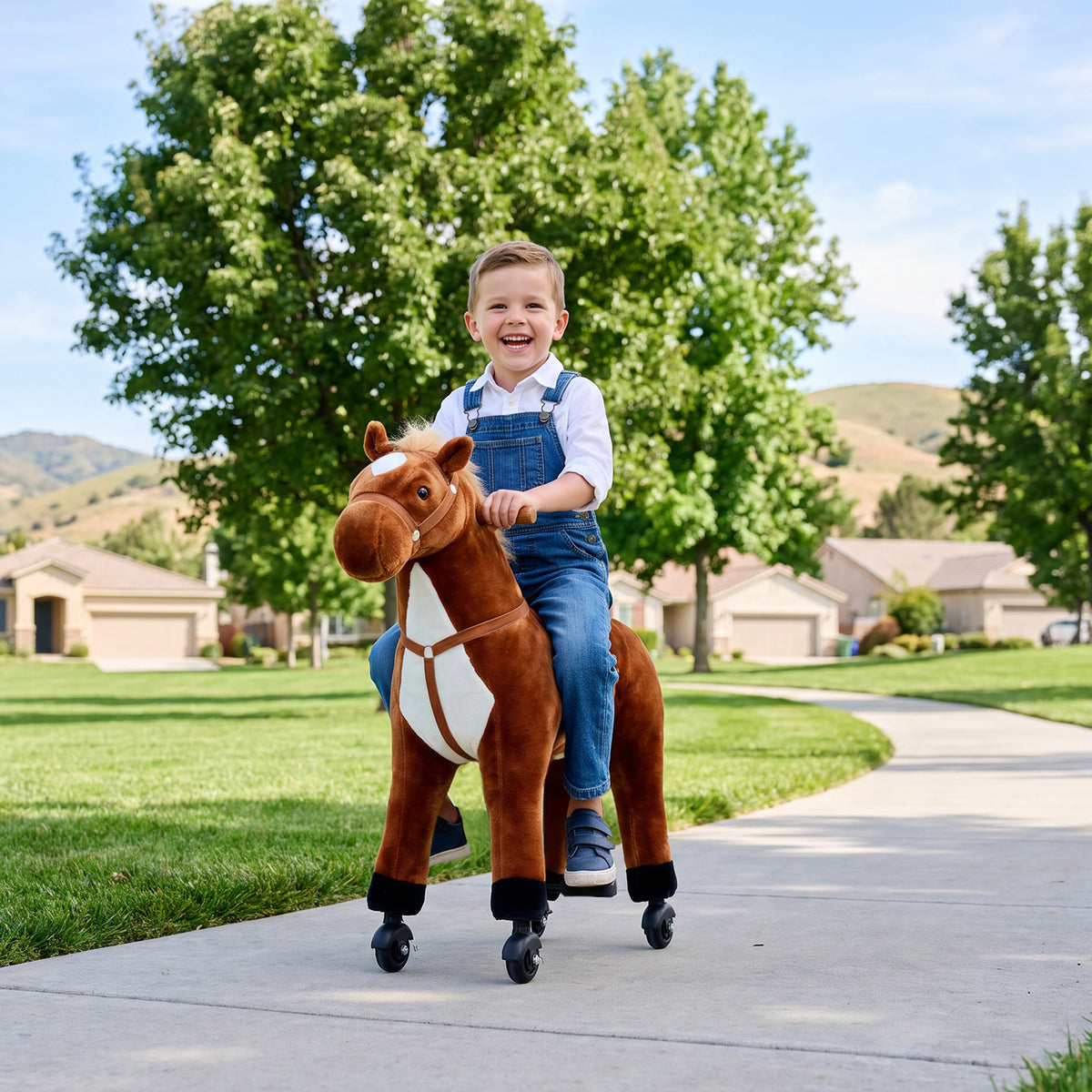 Cheval à Monter pour Enfant, Cheval à Roulettes en Peluche, Sons Réalistes, Poignée, 75 cm de Haut, Marron-1
