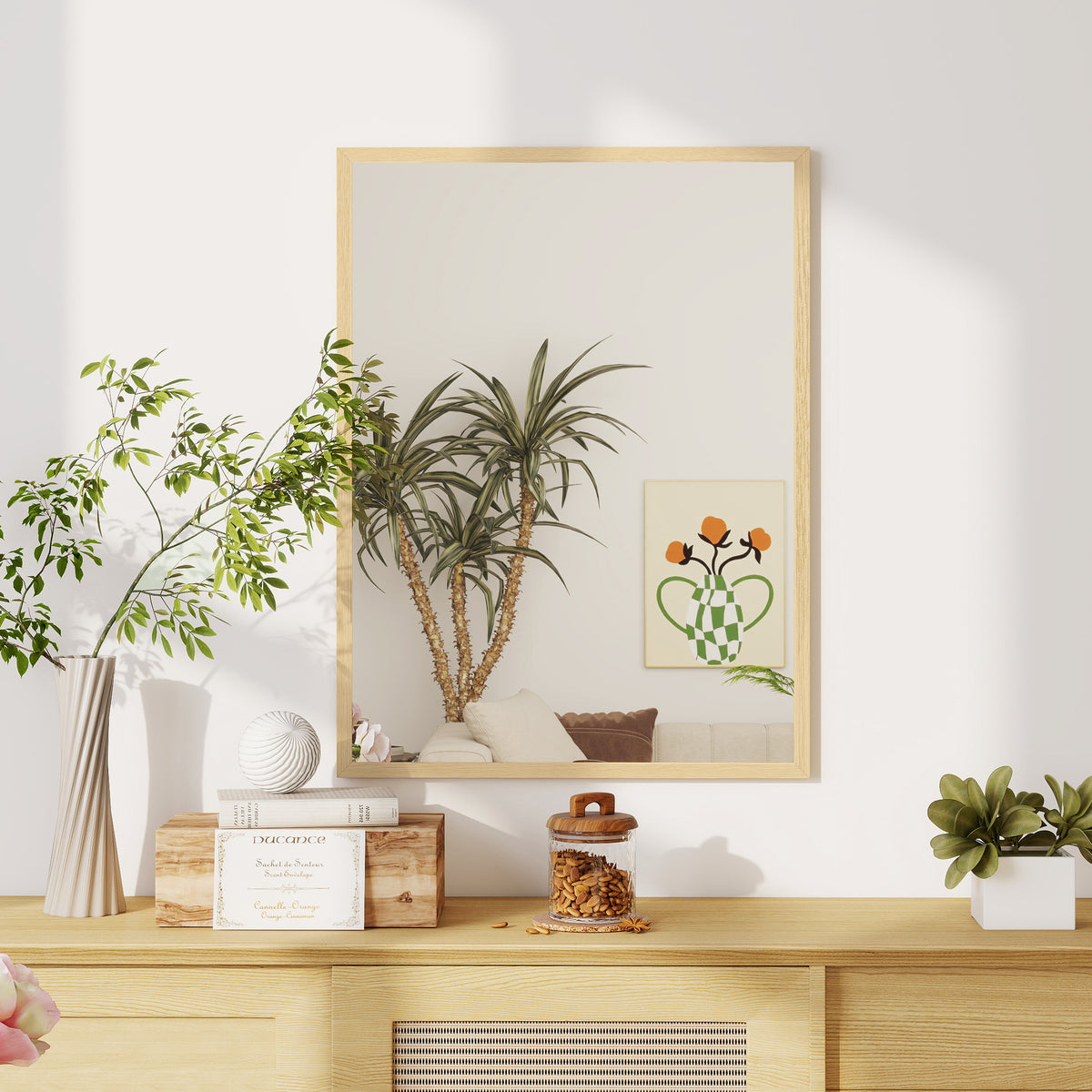 Miroir mural rectangulaire 80 x 60 cm, cadre en bois naturel, idéal pour la salle de bain, salon ou chambre-1