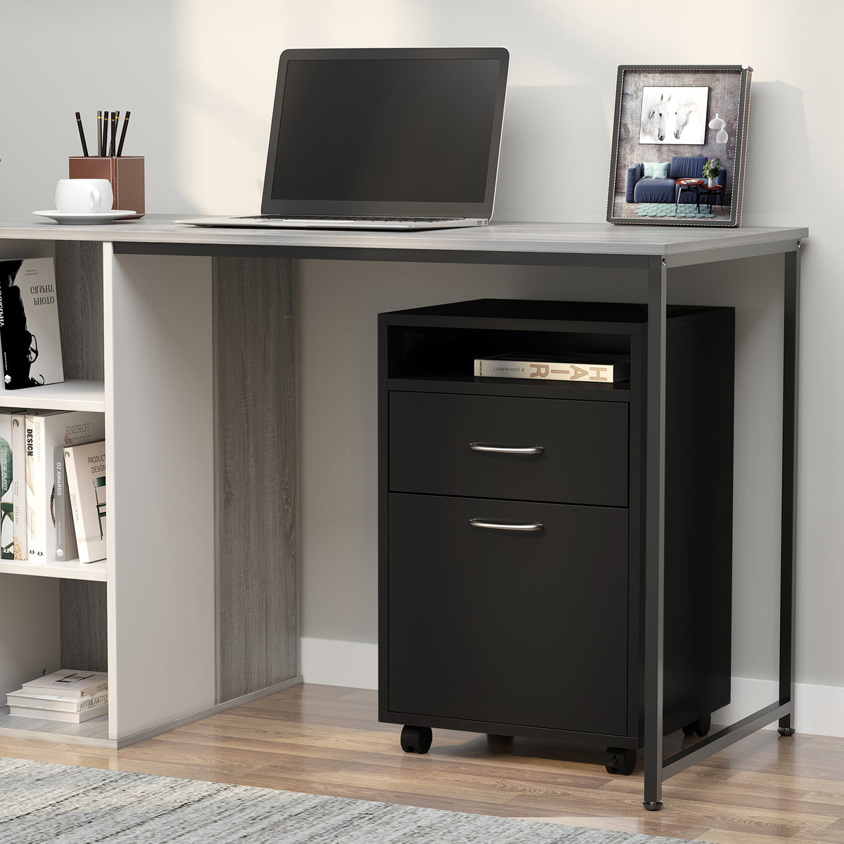 Caisson de bureau rangement bureau sur roulettes tiroir placard niche panneaux particules noir-1