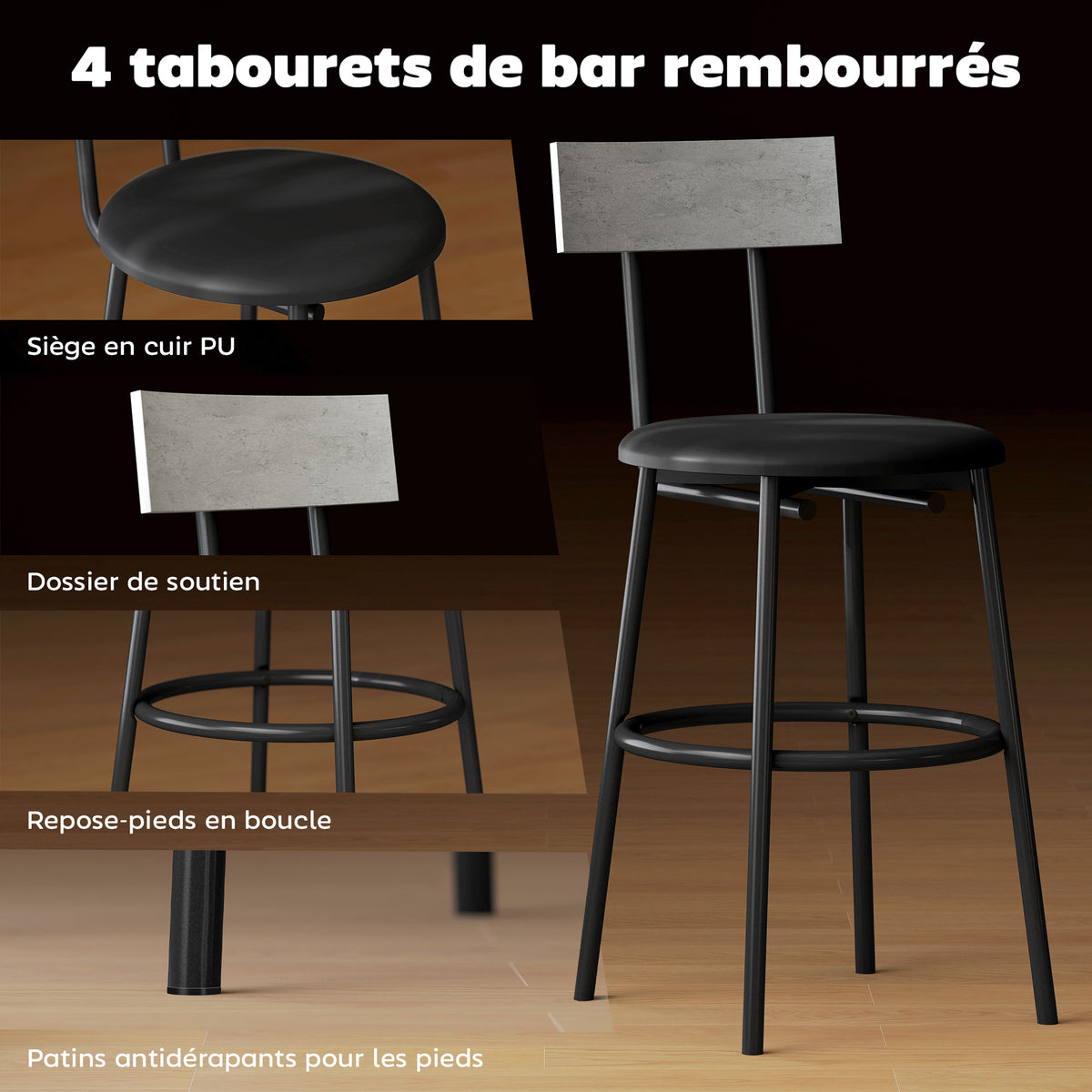 Ensemble table de bar avec tabourets, table haute bar et 4 tabourets, structure en acier, 110 x 55 x 90 cm, blanc-4
