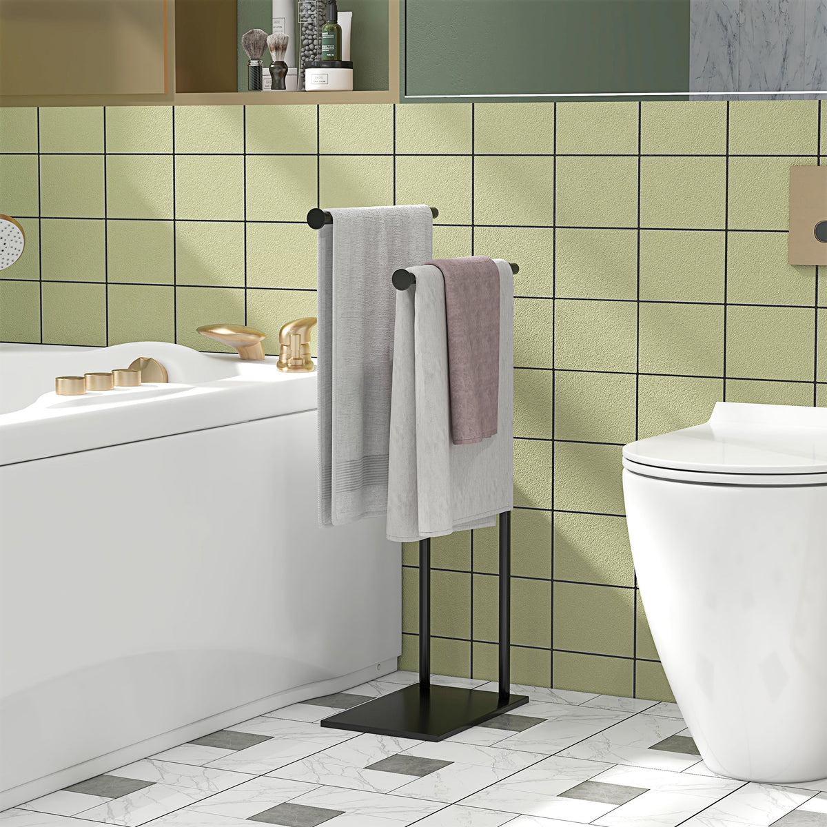 Porte-serviettes sur pied en acier avec 2 barres support pour serviette 35,5l x 20P x 78H cm - noir-1