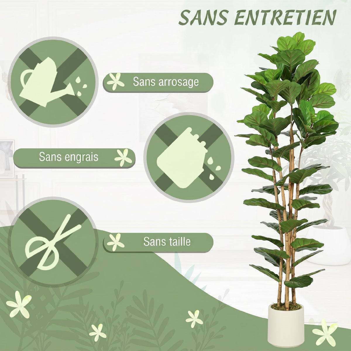 Plante artificielle intérieure 180 cm Figuier lyre arbre artificiel avec pot en plastique et tronc en bois massif, vert-4