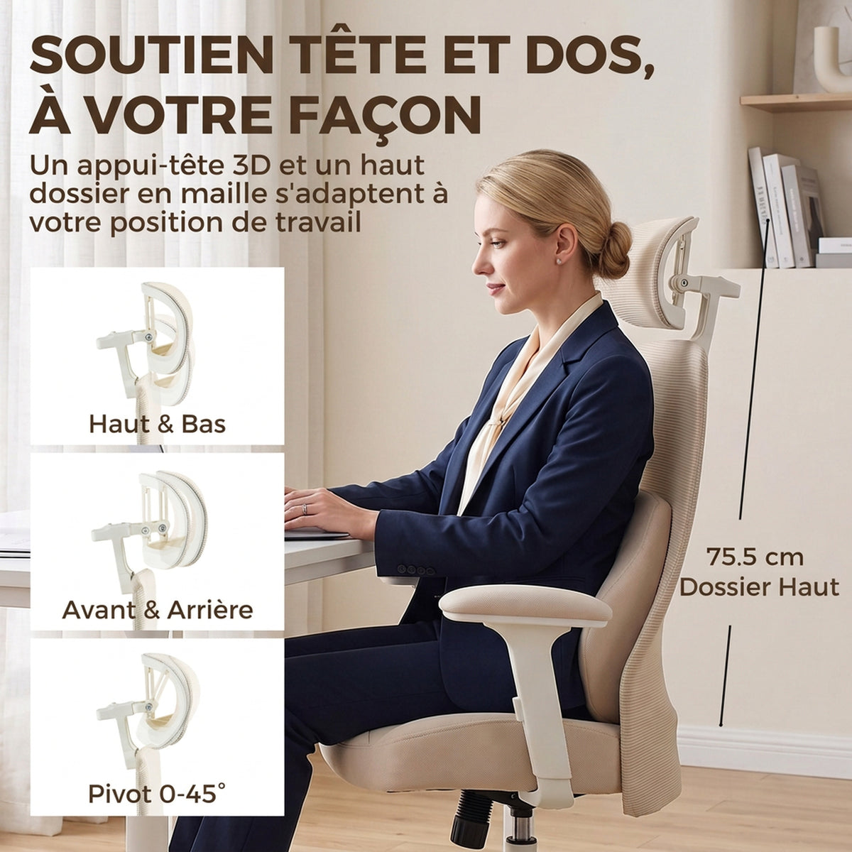 Chaise Bureau Ergonomique, Fauteuil Bureau en Maille, Soutien Lombaire à Mémoire de Forme, Accoudoirs Réglables, Beige-3