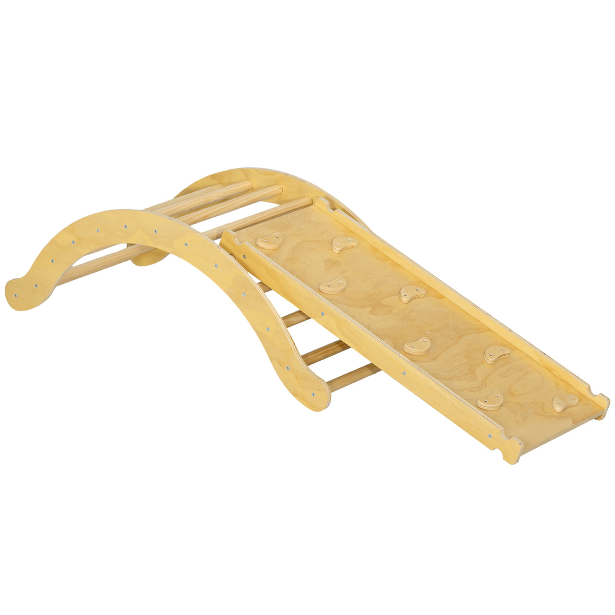 4 en 1 Arche escalade enfants, chaise à bascule, rampe d'escalade double face et coussin, 168x49,5x39,5cm, bois naturel-0