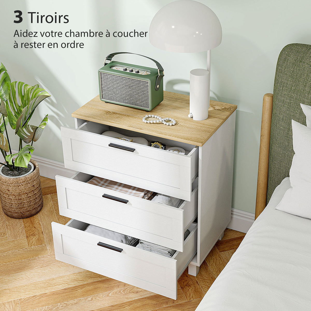 Commode 3 tiroirs meuble de rangement style moderne pieds en bois massif et plateau effet bois, 60 x 38 x 71 cm, blanc-3