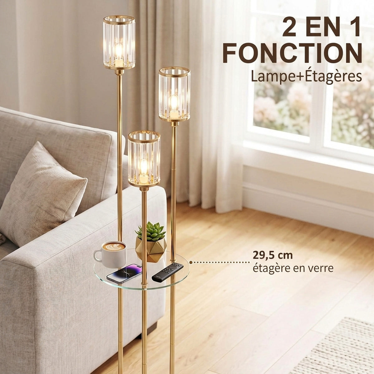 Lampadaire Étagère Verre 3 Lumières Lampe sur Pied Abat-jour Verre Doré-4