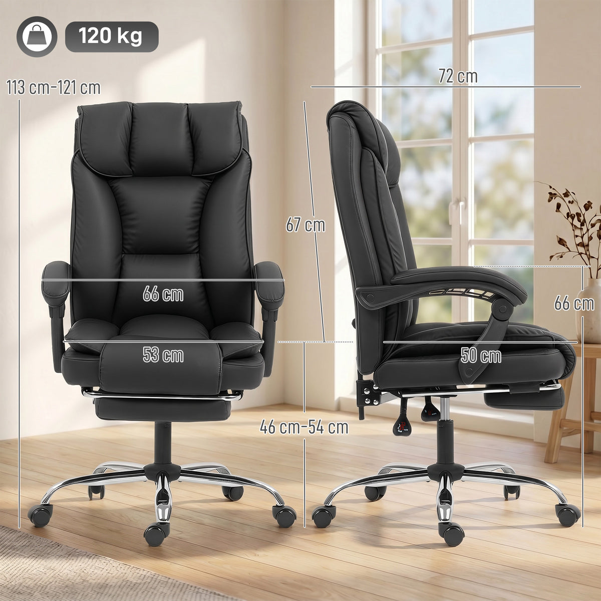 Chaise de bureau ergonomique, fauteuil de bureau inclinable avec repose-pieds, hauteur réglable, pivotante 360°, noir-2
