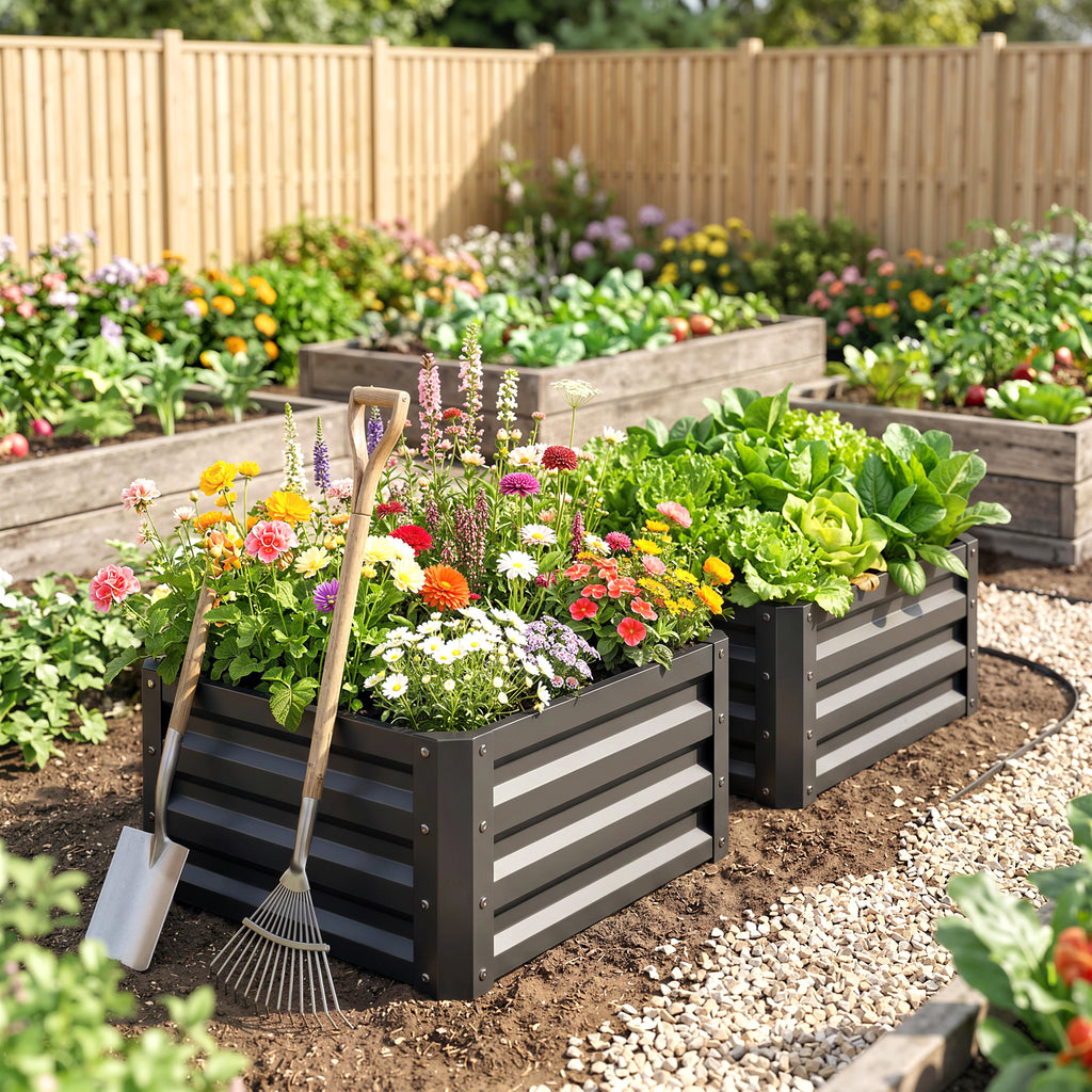 Lot de 2 jardinières surélevées, carre potager de jardin pour légumes, fleurs, acier galvanisé 60 x 60 x 30,5 cm, gris-6