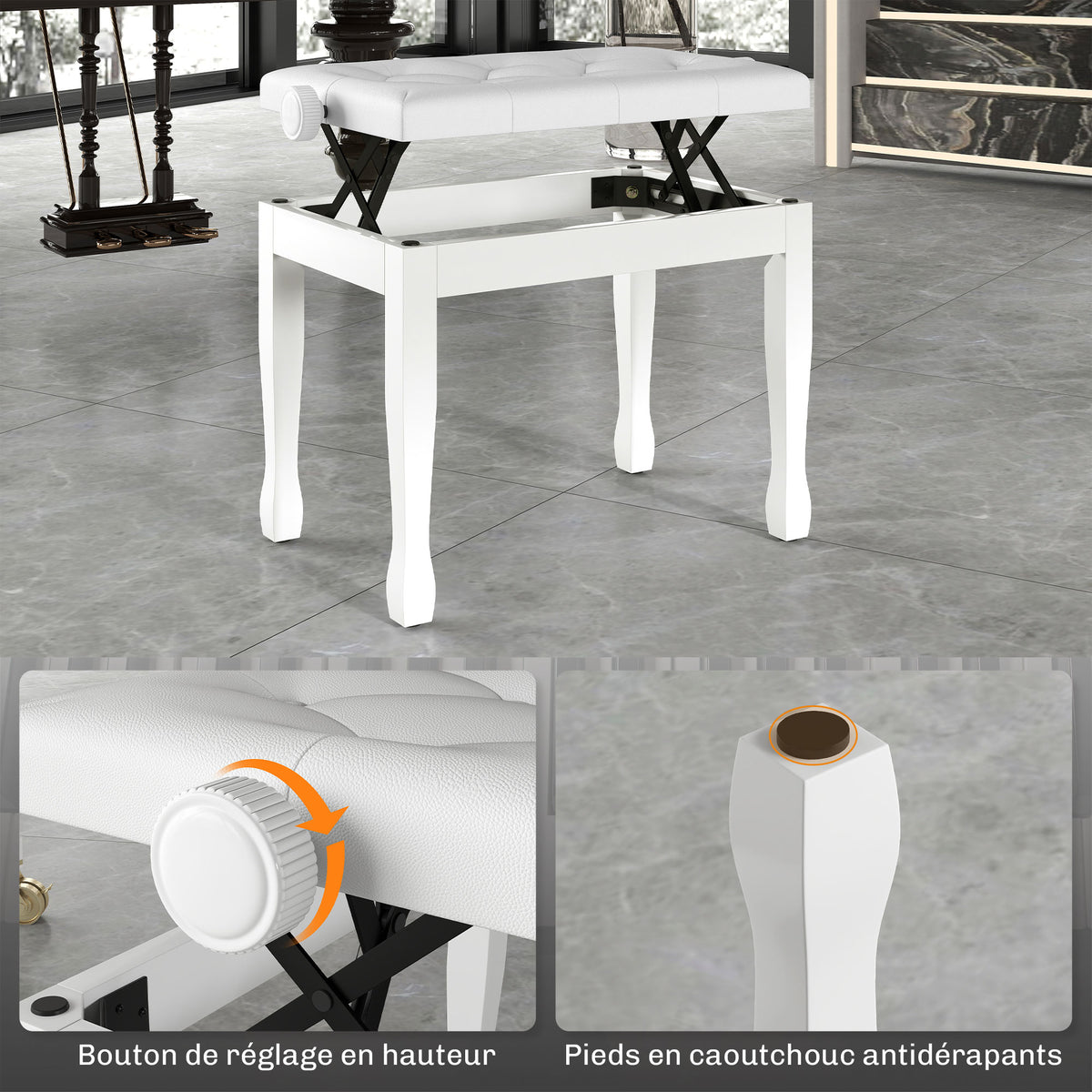 Banc de piano, banc de clavier réglable en hauteur en bois massif, siège rembourré, 64 x 35 x 45-55 cm, blanc-5