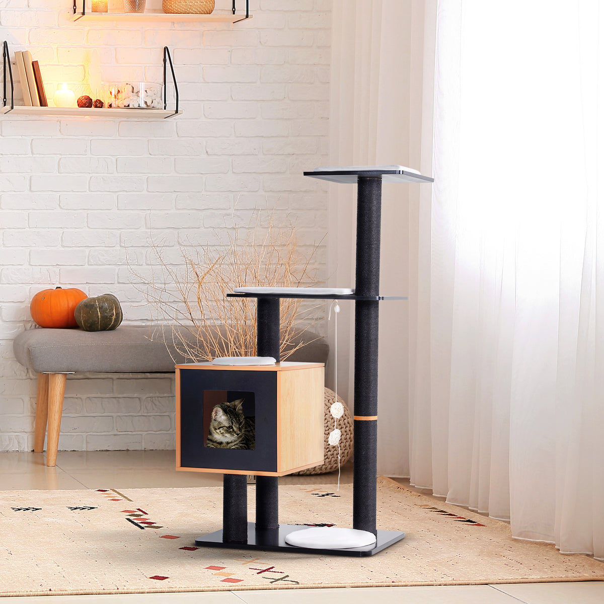 Arbre à chats design contemporain griffoirs grattoirs sisal naturel centre d'activités niche plate-formes jeu boules suspendues 71,5L x 49,5l x 120H cm MDF noir hêtre-1