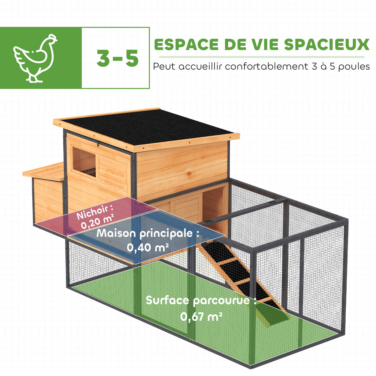 Poulailler cage à poule en bois et acier avec enclos pondoir tiroir à déjection et toit ouvert 192x81,5x104cm orange-3