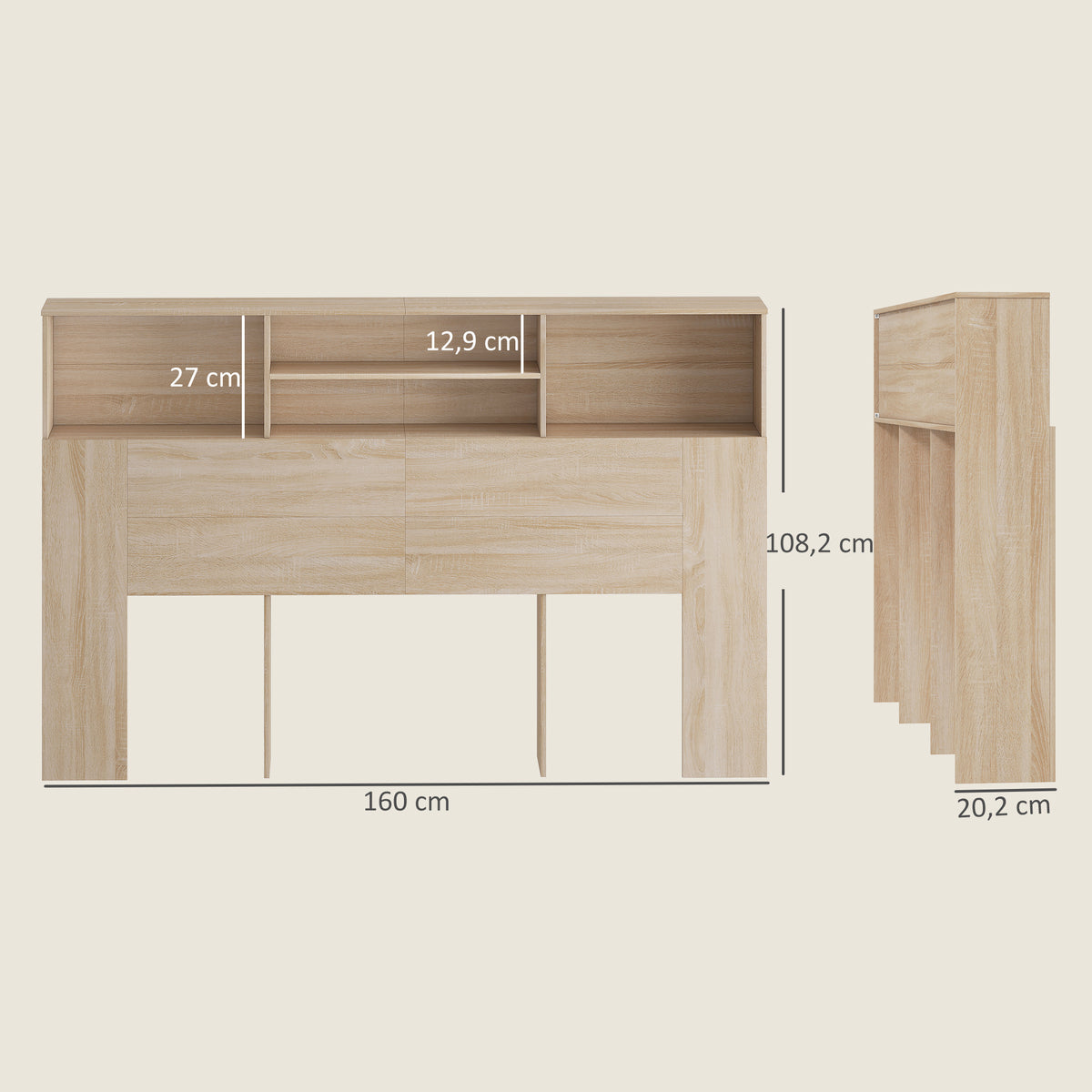 Tête de lit sur pied avec rangements, accessoire de lit 4 compartiments ouverts, 160 x 20,2 x 108,2 cm, bois naturel-2