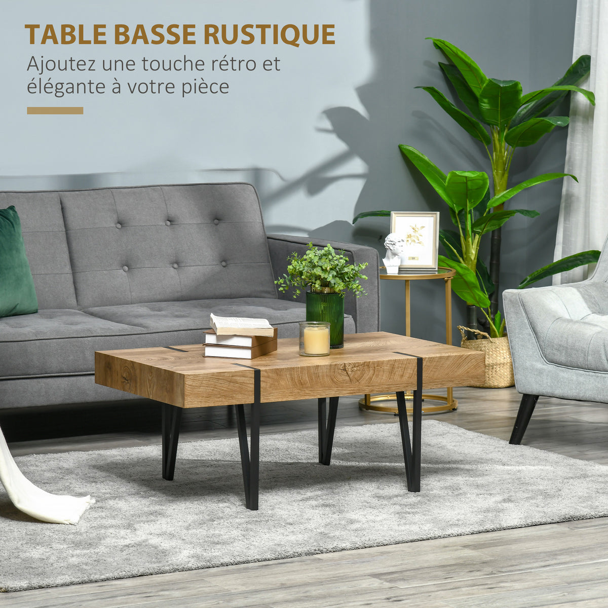 Table Basse rectangulaire Style Industriel piètement épingle métal Noir Plateau Aspect Ancien bastaing, 105 x 60 x 42 cm, Bois-3