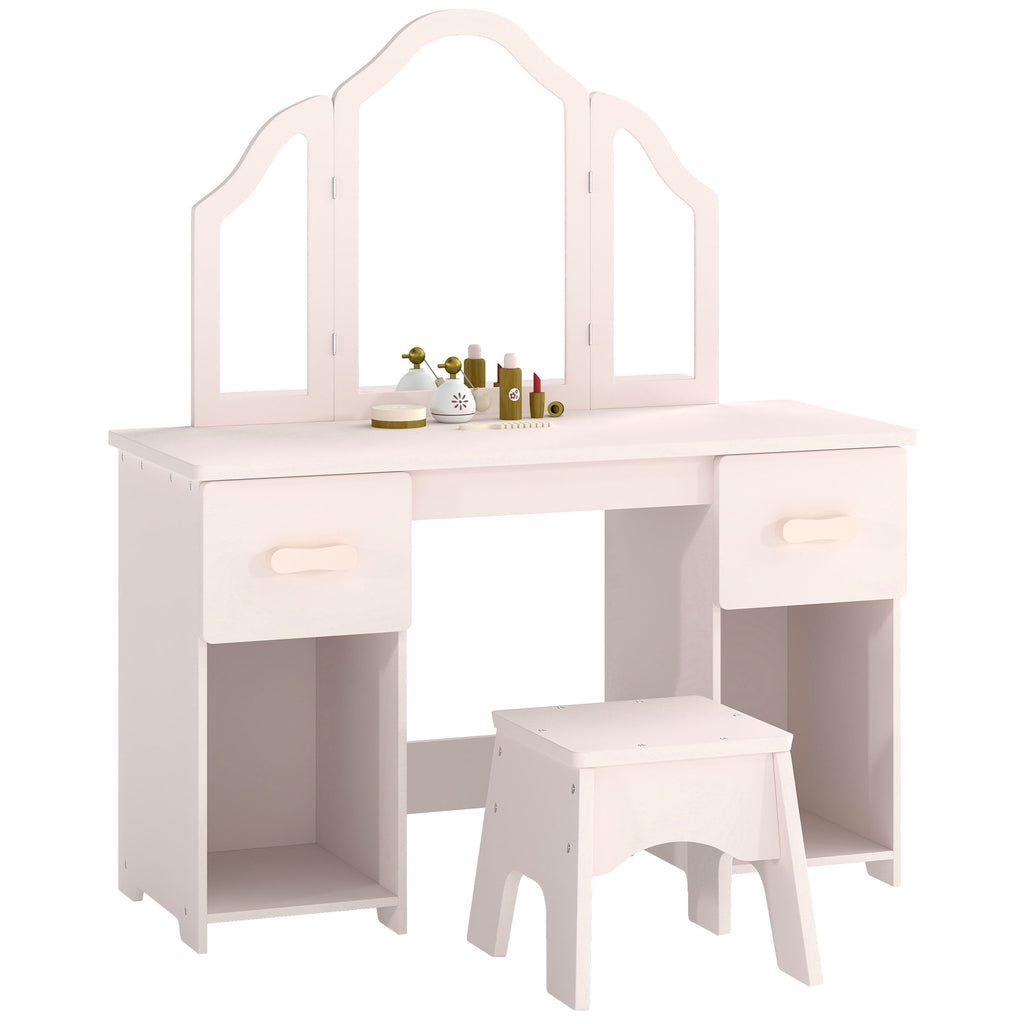 Coiffeuse pour Enfants avec Tabouret et Miroir à Trois Volets en Acrylique, 2 Tiroirs et 2 Placards, Rose-0