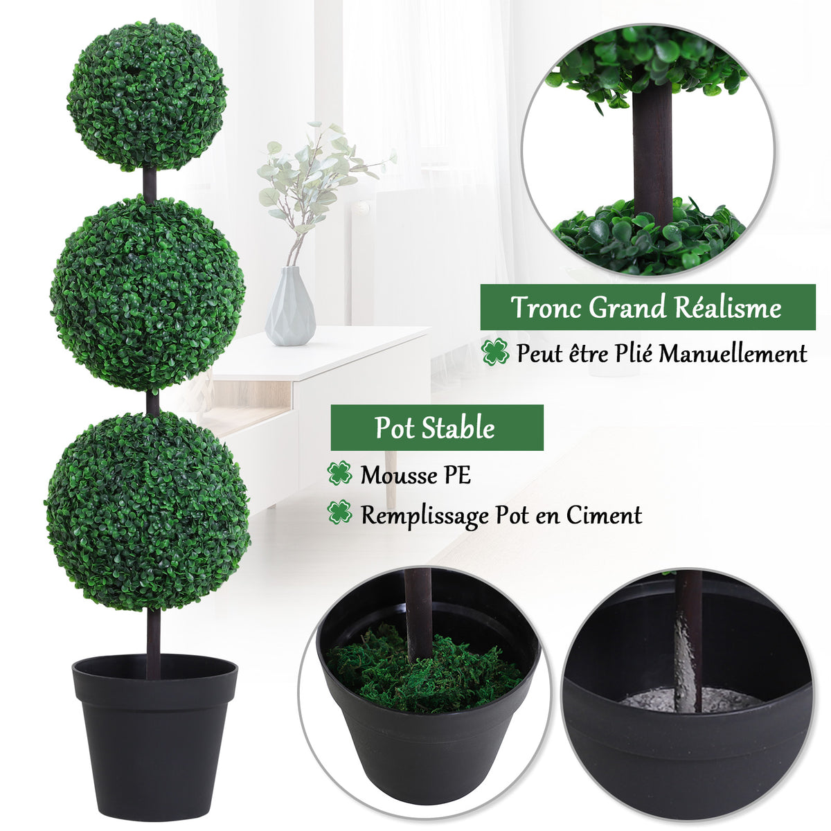 Buis Artificiel topiaire Artificielle en Forme de Boules dim. Ø 30 x 112H cm Vert-4