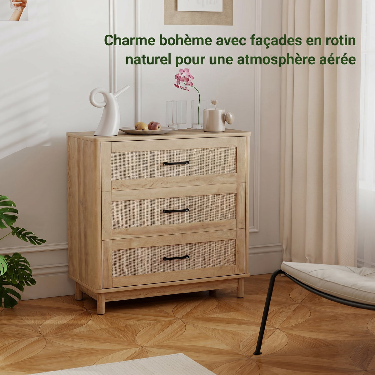 Commode 3 Tiroirs en Rotin, Meuble de Rangement, Chiffonnier, Pieds en Bois Massif, Style Bohème, 76x35x76cm, Chêne-4