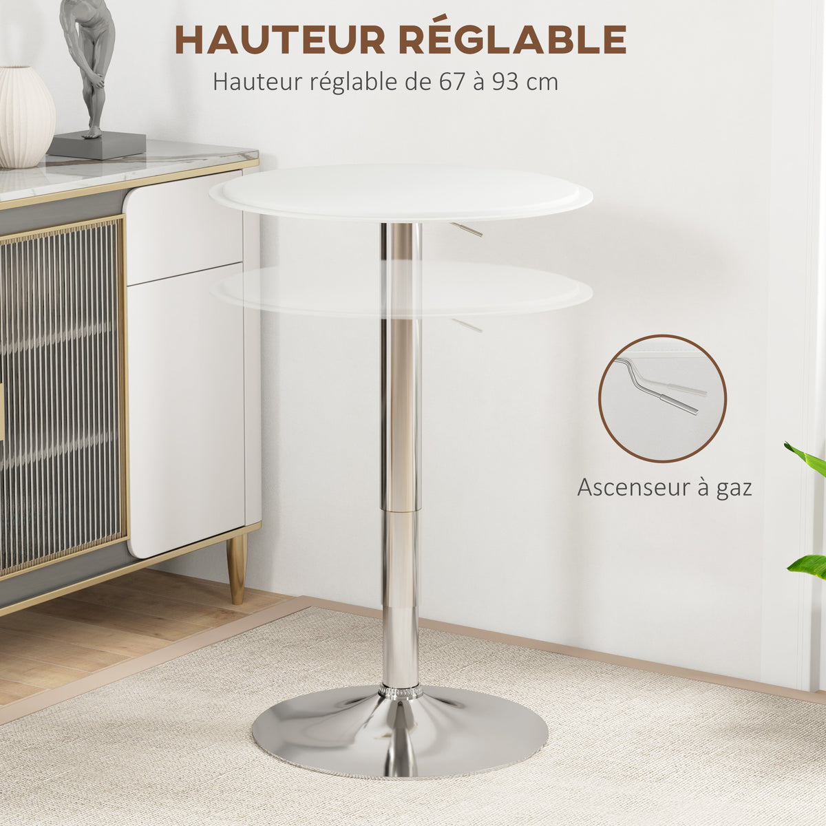 Table de Bar Table Bistro Mange-debout Hauteur réglable 67-93 cm Ø 63 cm Plateau pivotant 360° métal blanc-3