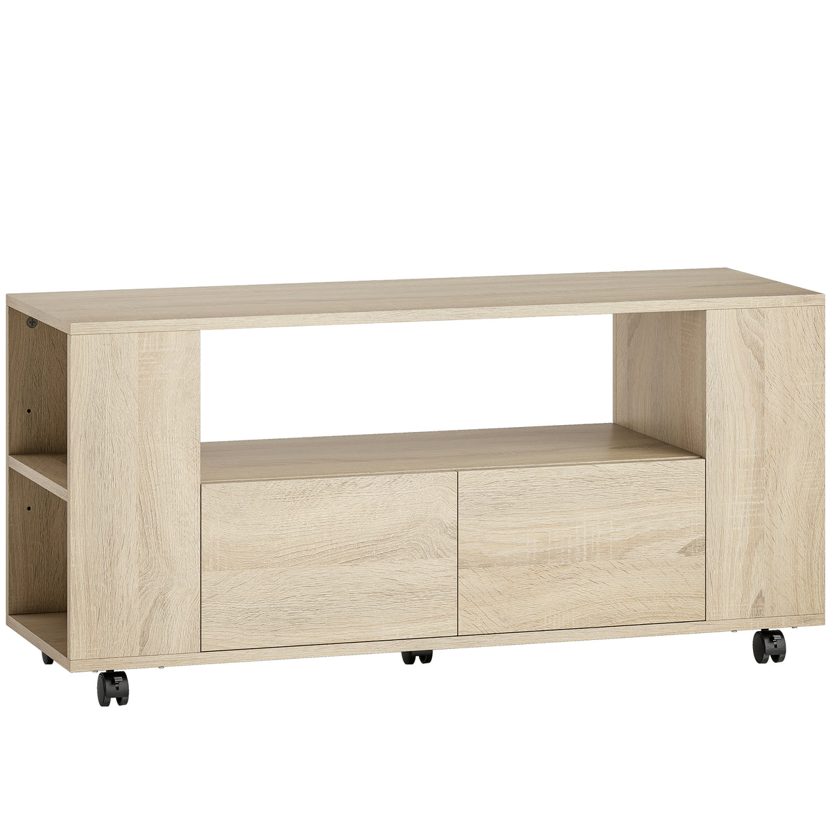 Meuble TV sur roulettes 102 cm, meuble télé pour téléviseur jusqu'à 42 pouces, 2 tiroirs, compartiments ouverts, naturel-0