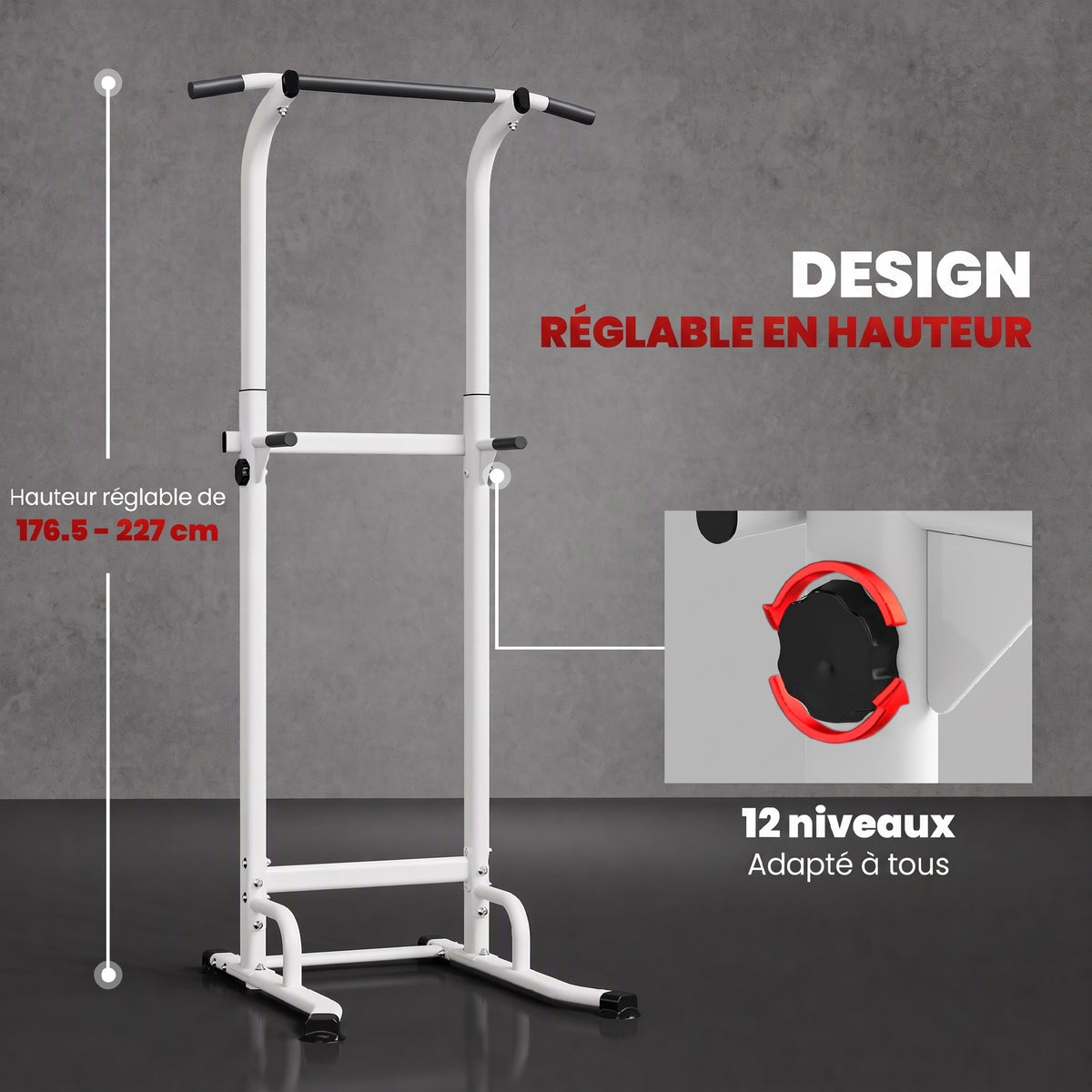 Power tower dip barre de traction autoportante réglable en hauteur cadre acier 91,5 x 97,5 x 176,5-227 cm pour la maison-4