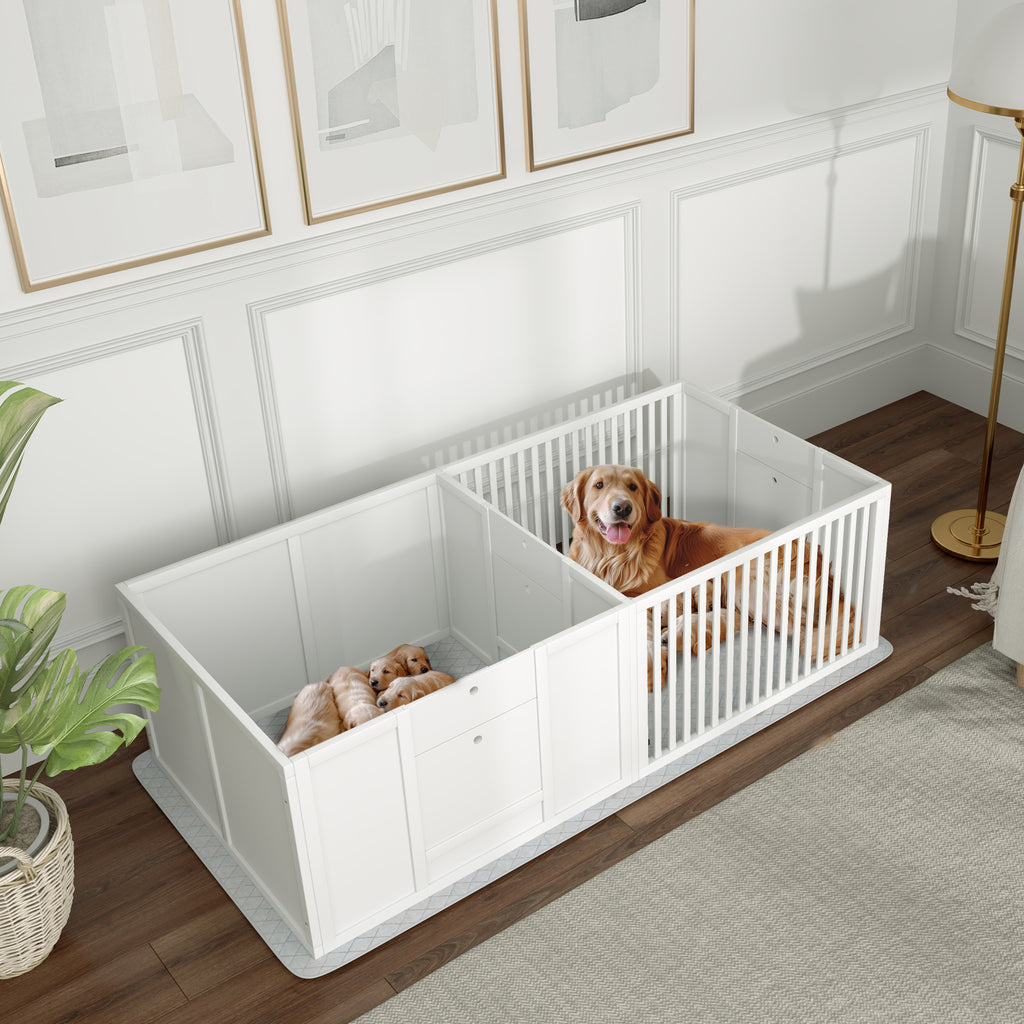 Boîte de mise bas pour chiens et chiots, parc de mise bas pour chiens porte à hauteur réglable 166 x 80 x 50 cm, blanc-9