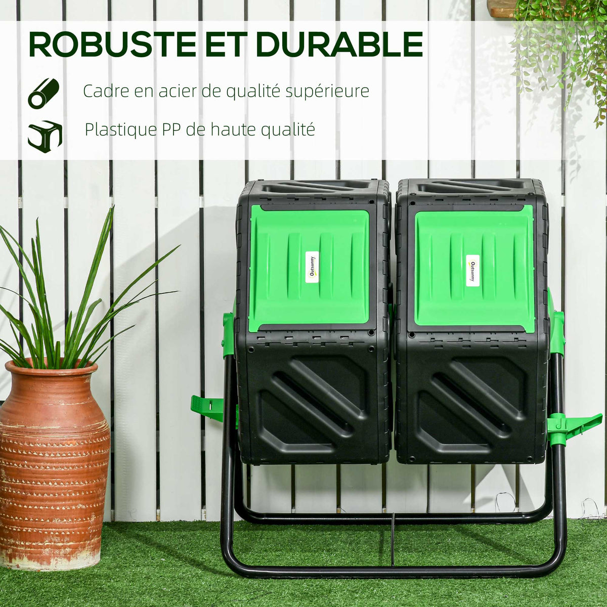 Composteur de jardin bac à compost pour déchets rotatif 360° double chambre 130 L acier PP 67 x 60 x 77 cm noir-6