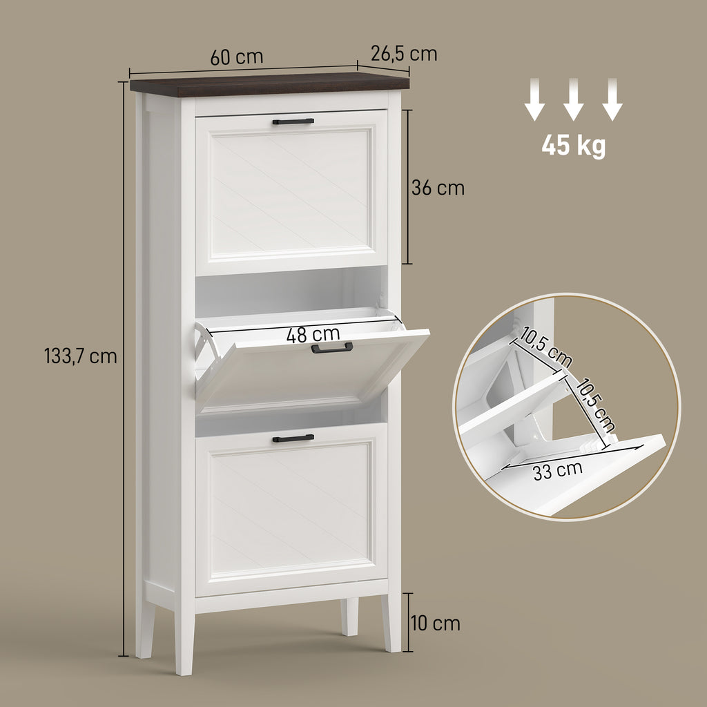 Meuble à chaussures 18 paires, armoire à chaussures étroite avec 3 tiroirs rabattables et étagères réglables, blanc-2