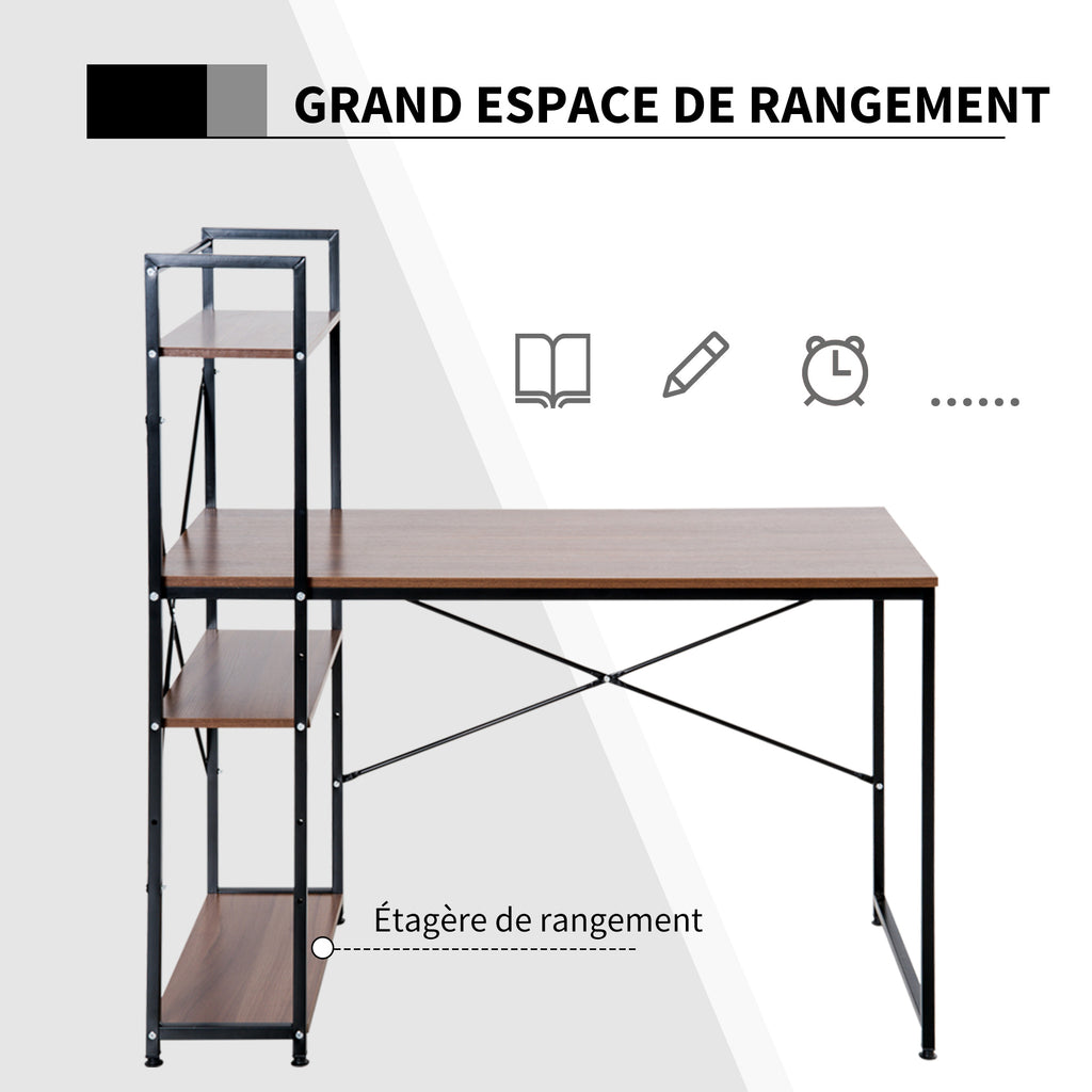 Bureau d'angle avec rangement design Industriel avec bibliothèque 3 étagères panneaux particules aspect noyer-4