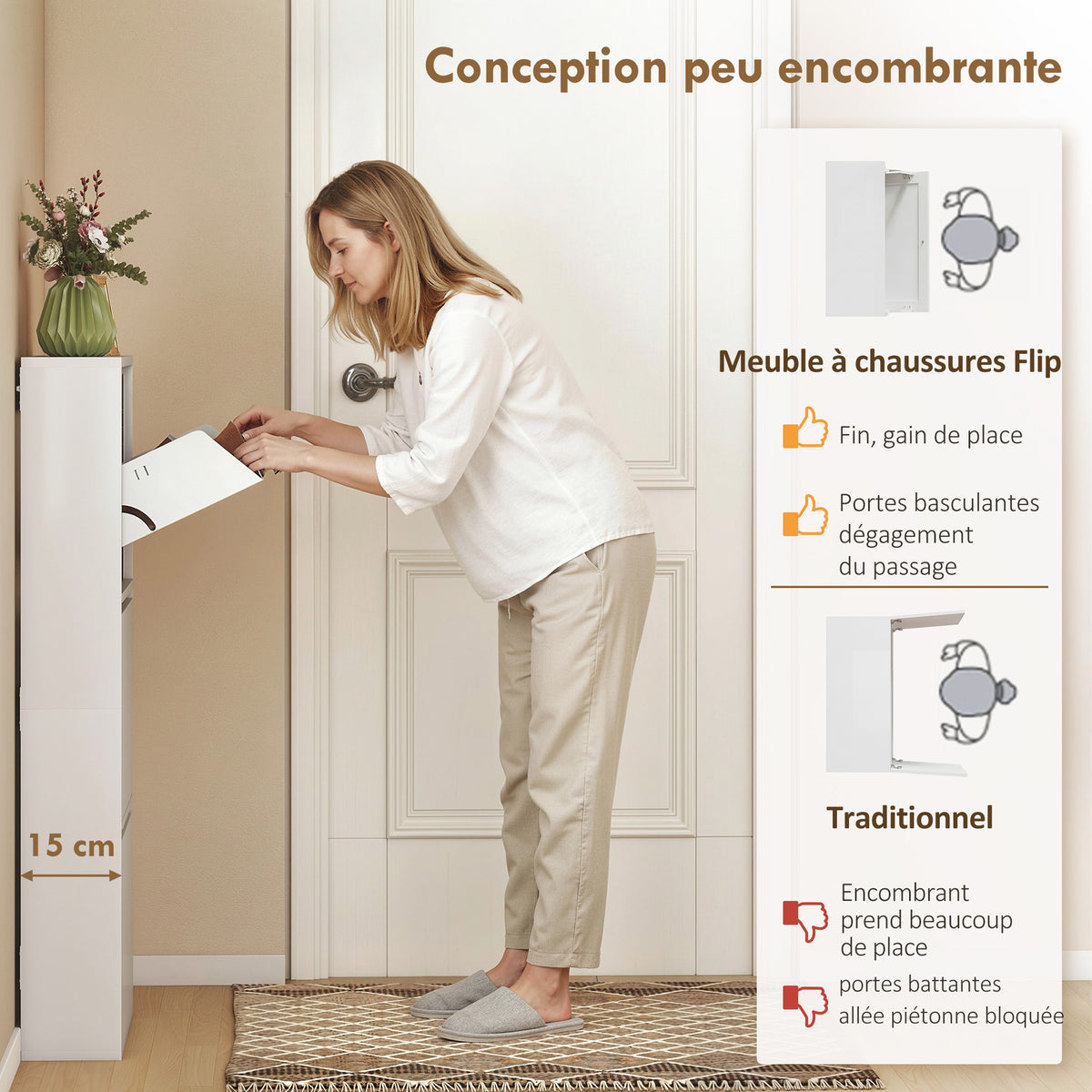 Meuble à Chaussures en Métal 6 Paires, Armoire à Chaussures Étroite avec 3 Tiroirs Rabattables, 55x15x105,5cm, Blanc-3