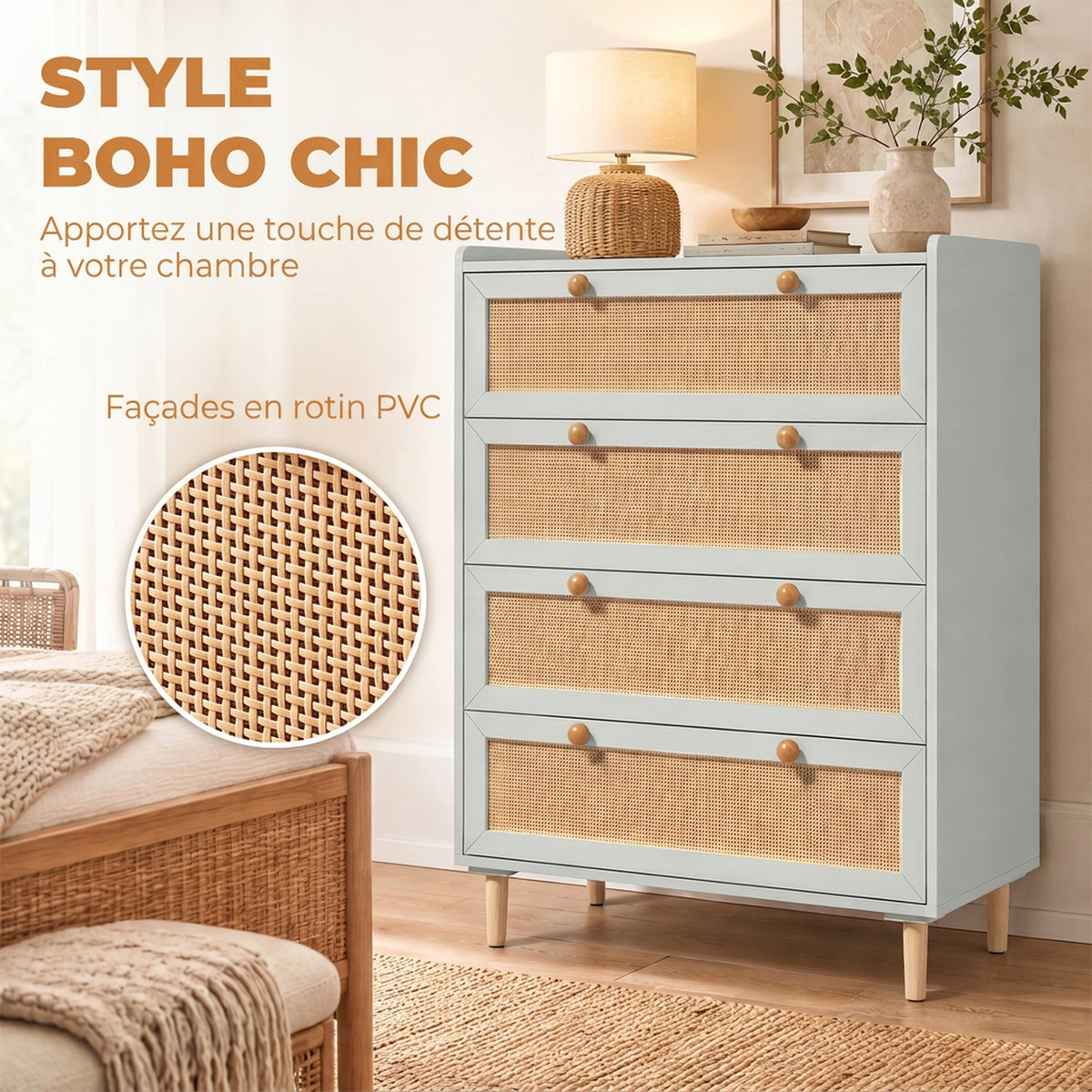 Commode 4 Tiroirs en Bois et Rotin PVC, Style Bohème, pour Chambre à Coucher, Entrée, Couloir, 80x40x109,2cm, Vert Sauge-3
