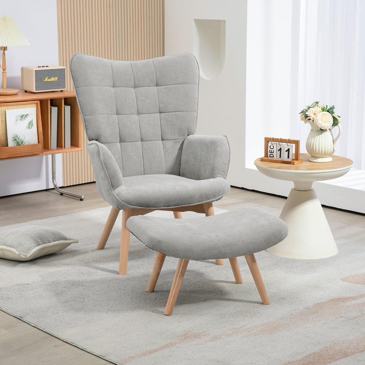Fauteuil avec repose pied, dossier haut, pieds en bois et tissu aspect velours côtelé, pour salon chambre à coucher gris-1