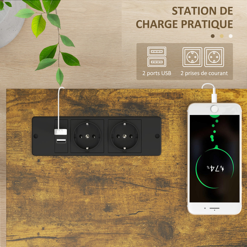 Console meuble étroite à 2 niveaux style industriel avec prises de courant et USB, 100 x 24 x 75 cm, marron-3