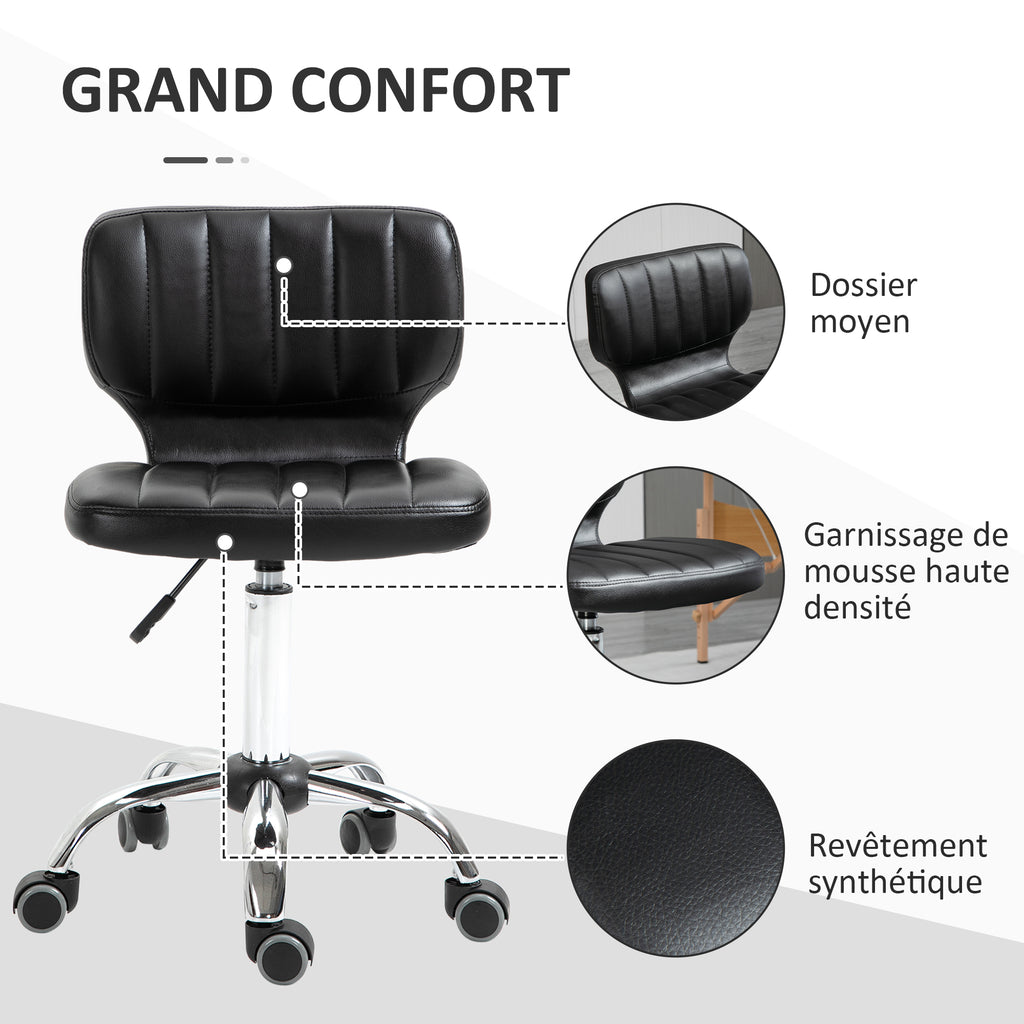 Tabouret à roulettes - tabouret de travail pivotant 360° -  - tabouret ergonomique - hauteur assise réglable 47-62 cm - revêtement synthétique matelassé noir métal chromé-4