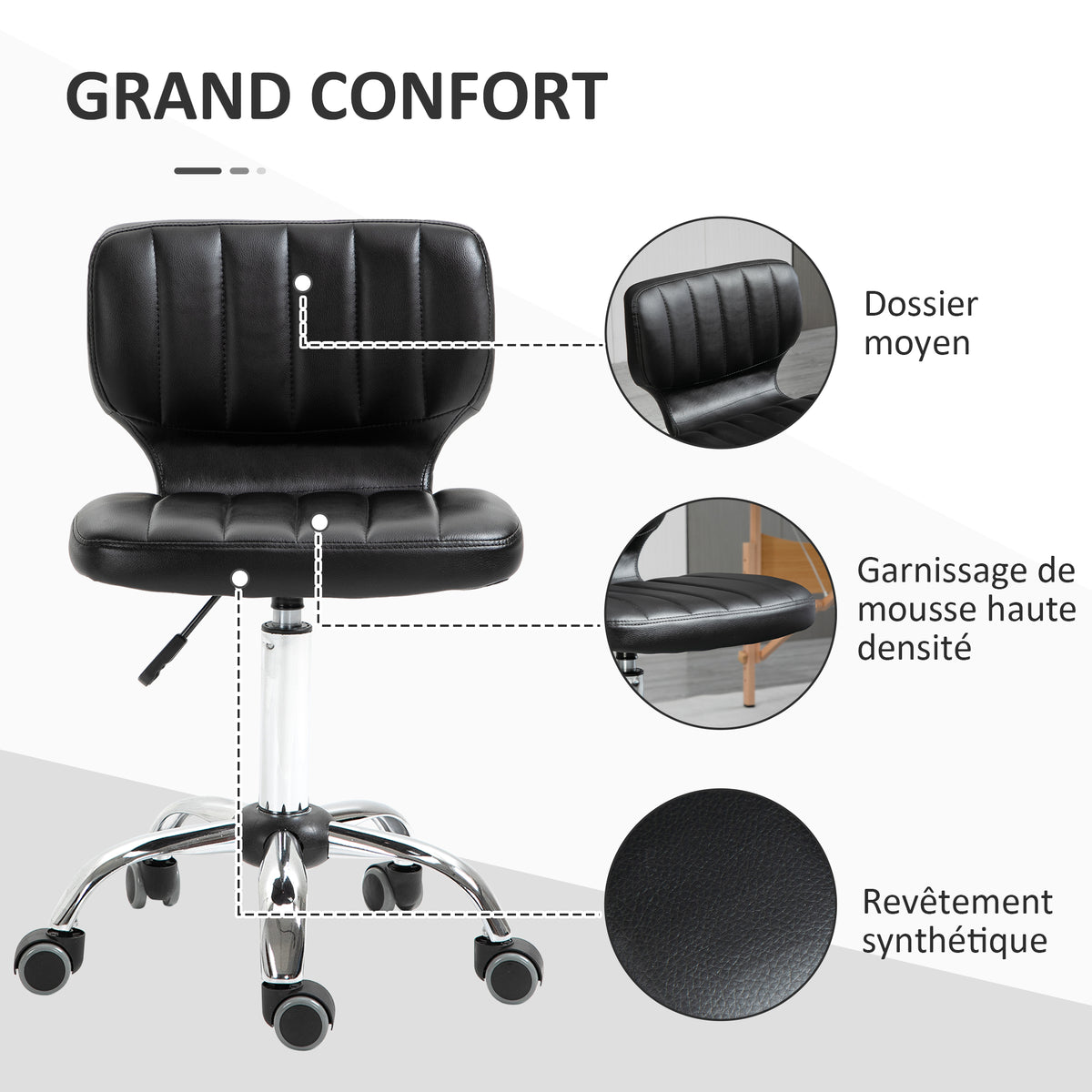 Tabouret à roulettes - tabouret de travail pivotant 360° -  - tabouret ergonomique - hauteur assise réglable 47-62 cm - revêtement synthétique matelassé noir métal chromé-4