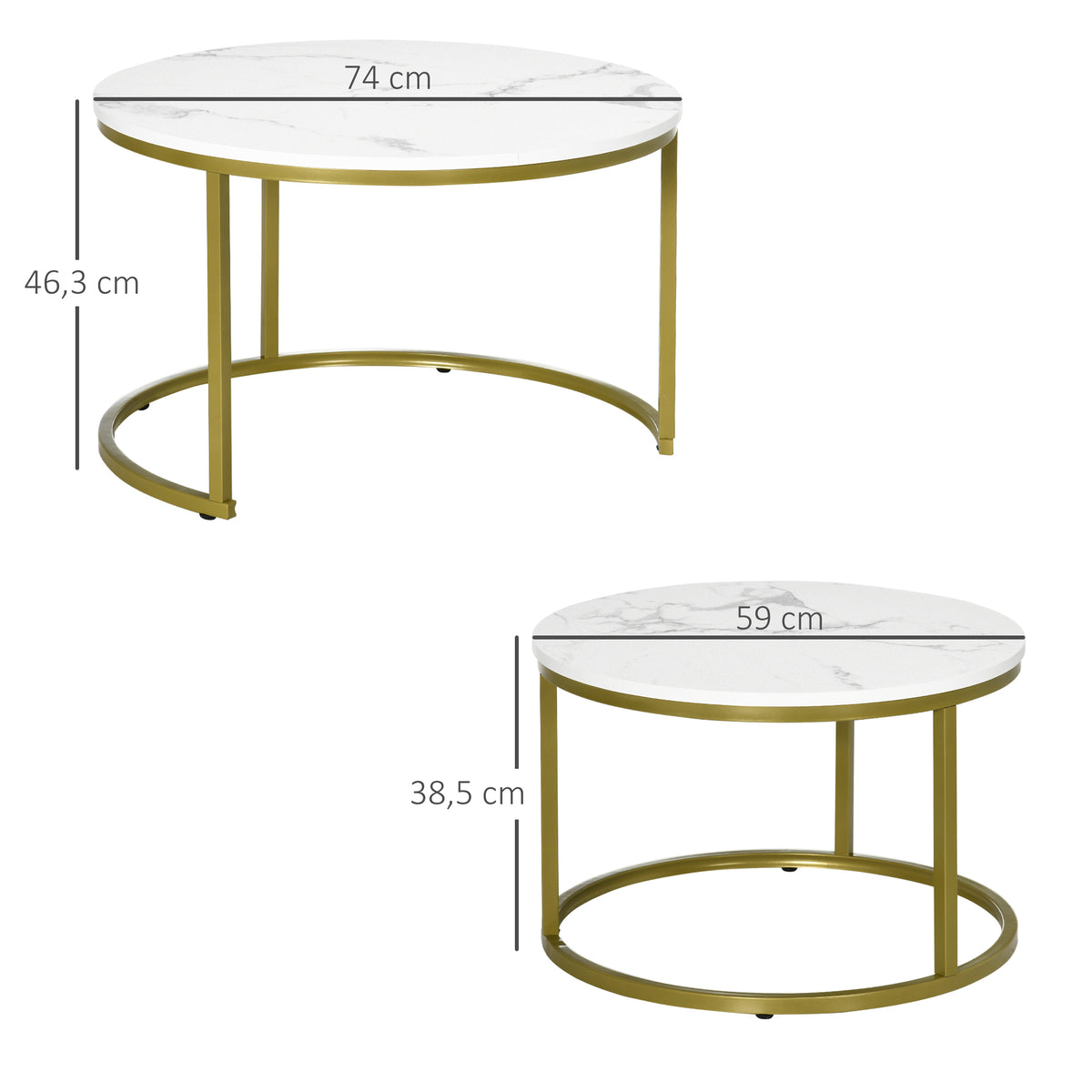 Lot de 2 tables basses gigognes tables rondes plateau aspect marbre et pied en acier Ø 74 x 46,3 cm blanc doré-2