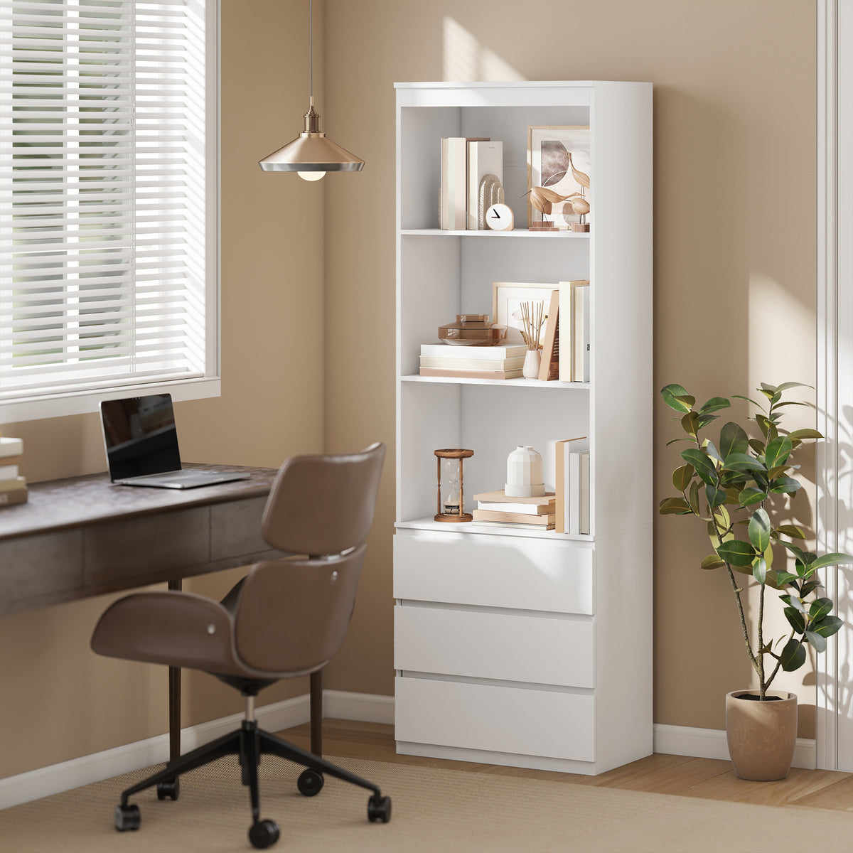 Bibliothèque haute de 180 cm avec 3 étagères et 3 tiroirs 60 x 35 x 180 cm en bois blanc-1